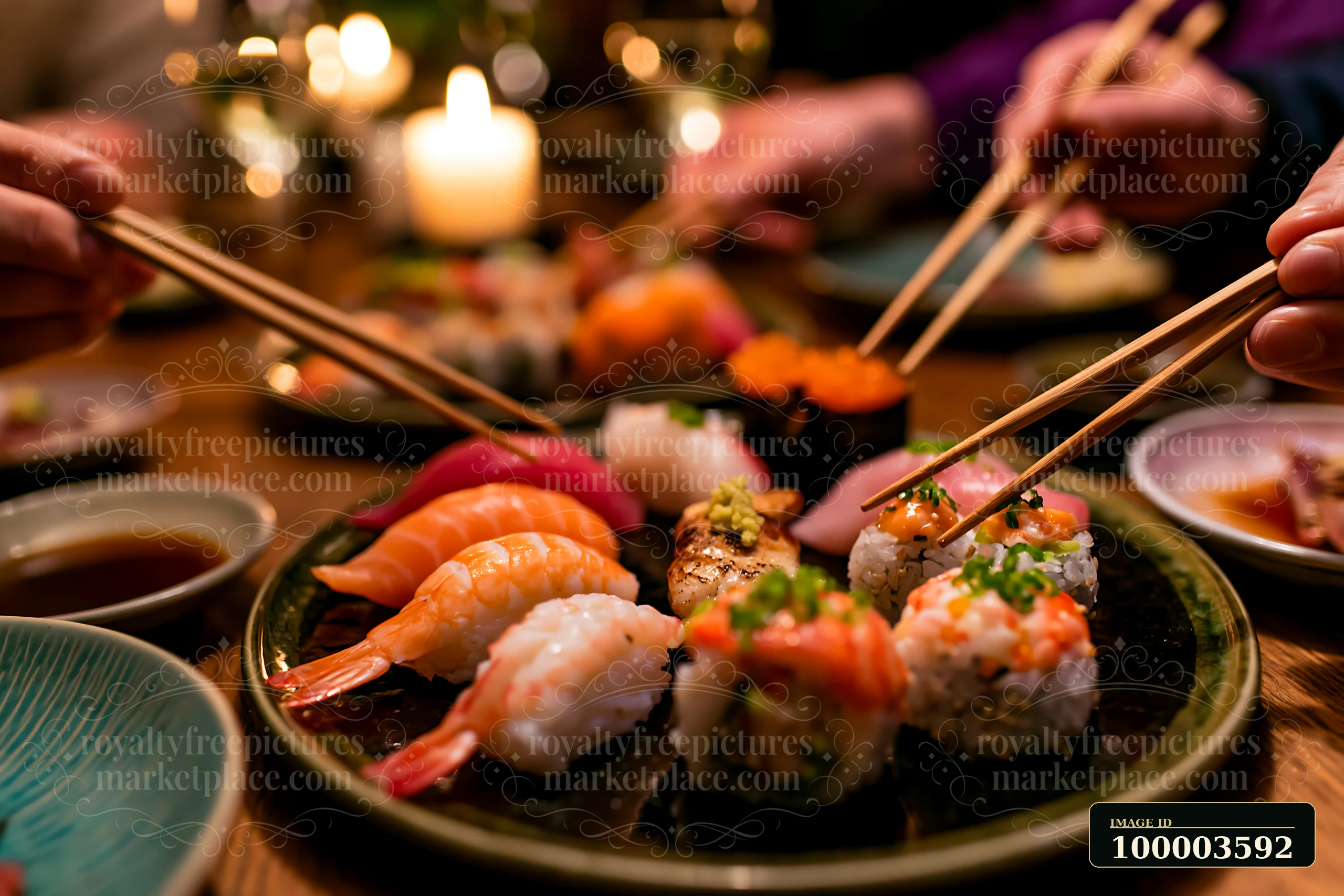 People use chopsticks to enjoy a sushi tasting selection close-up at a dinner table.