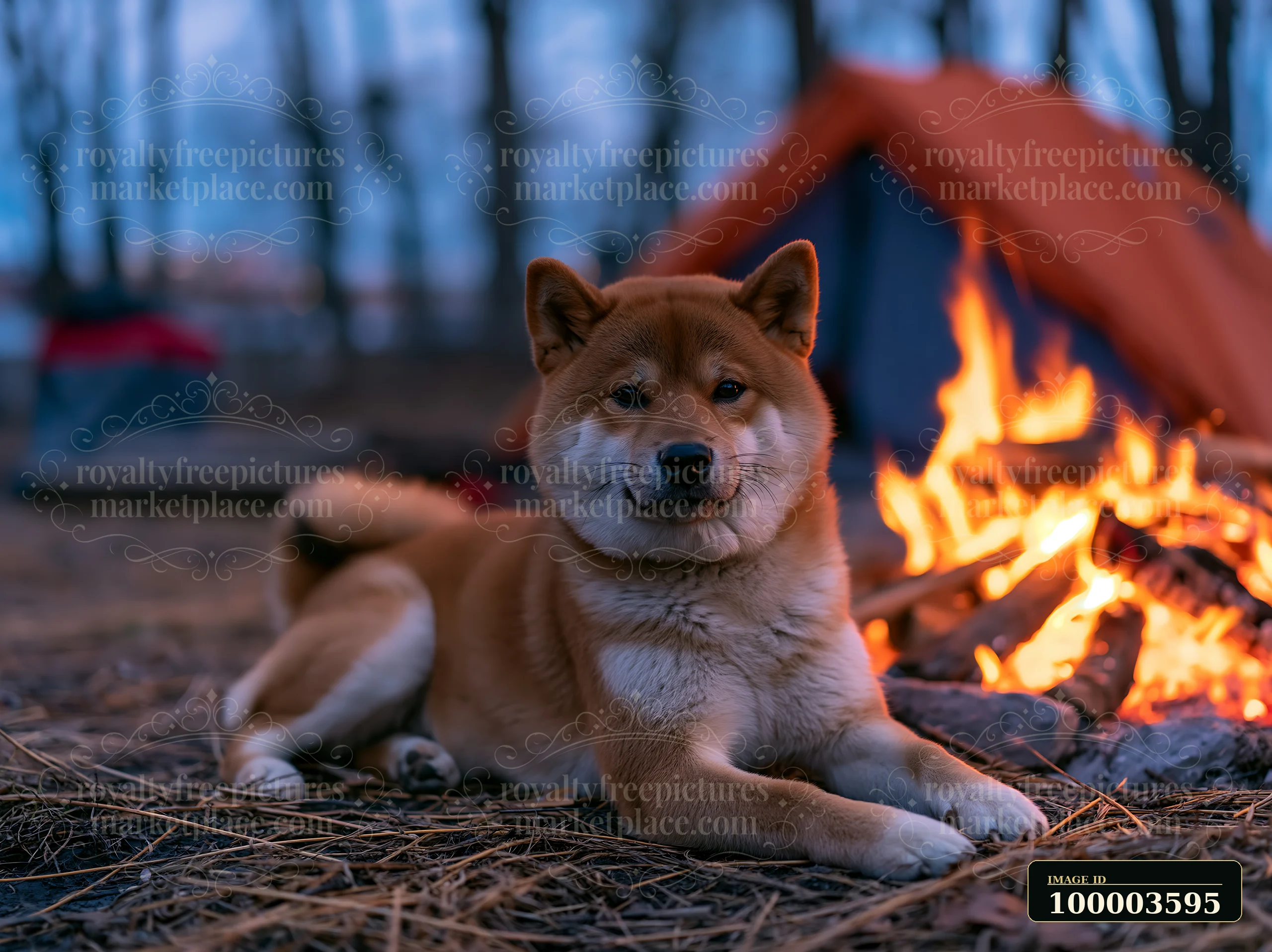 A Shiba Inu lies on the ground in front of a bright campfire, with a tent set up nearby.