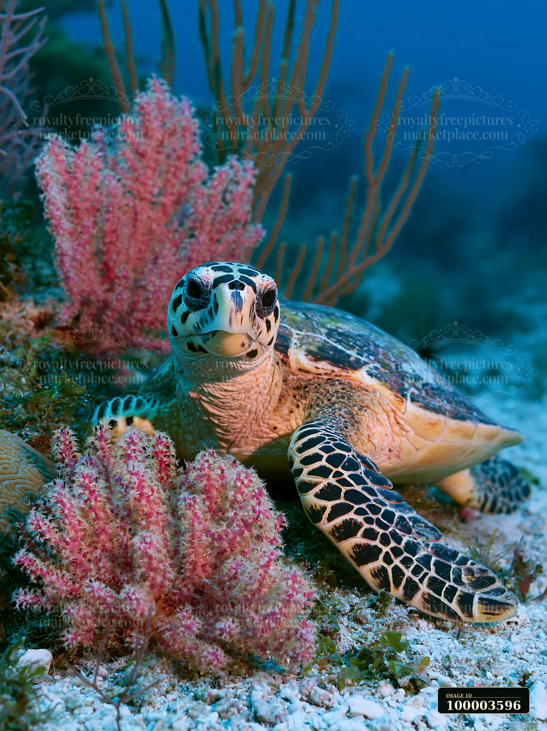 A rare sea turtle swims gracefully near vibrant coral formations in clear blue water.