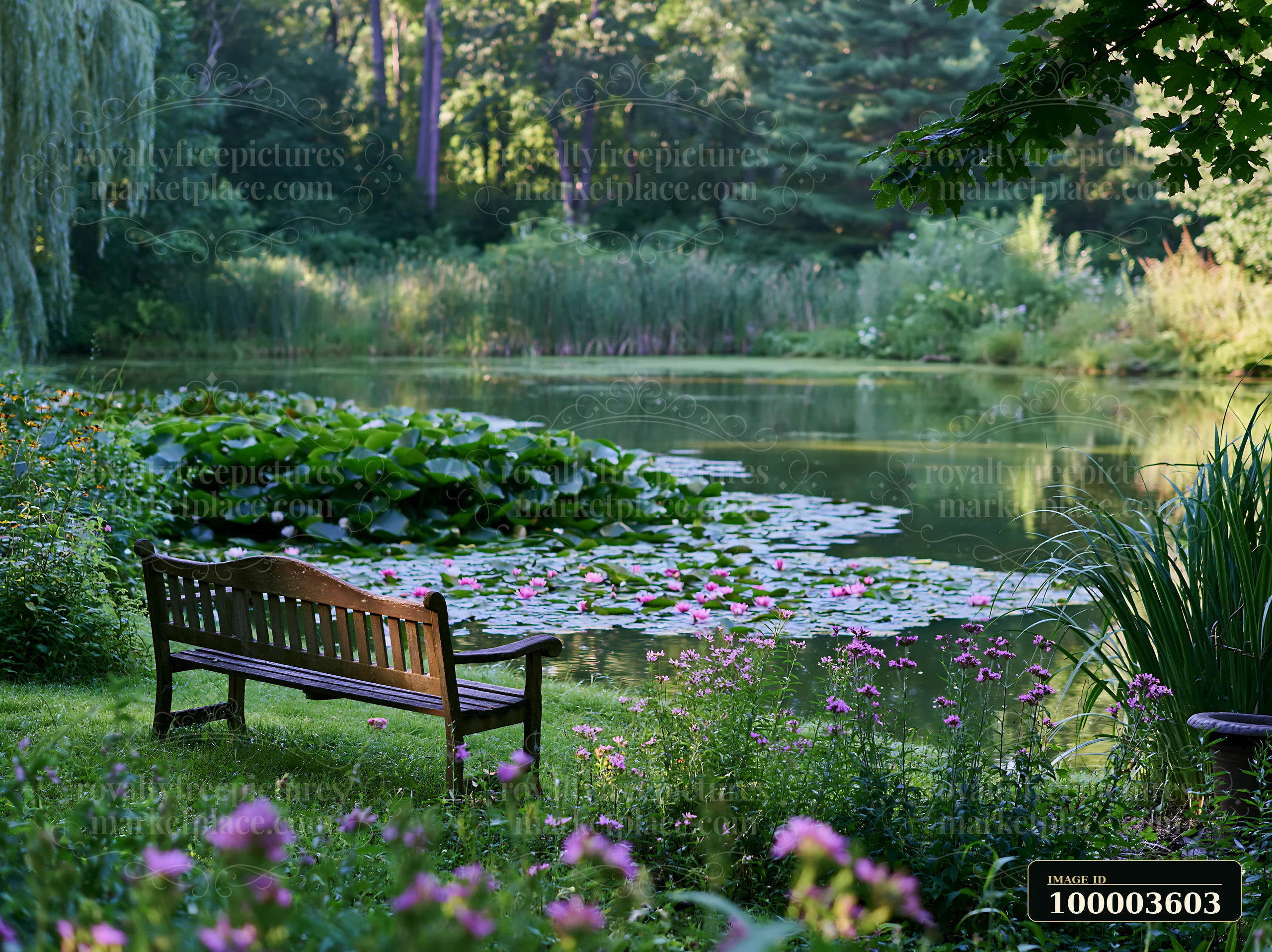 A tranquil scene with a water lily pond surrounded by wildflowers and green plants.
