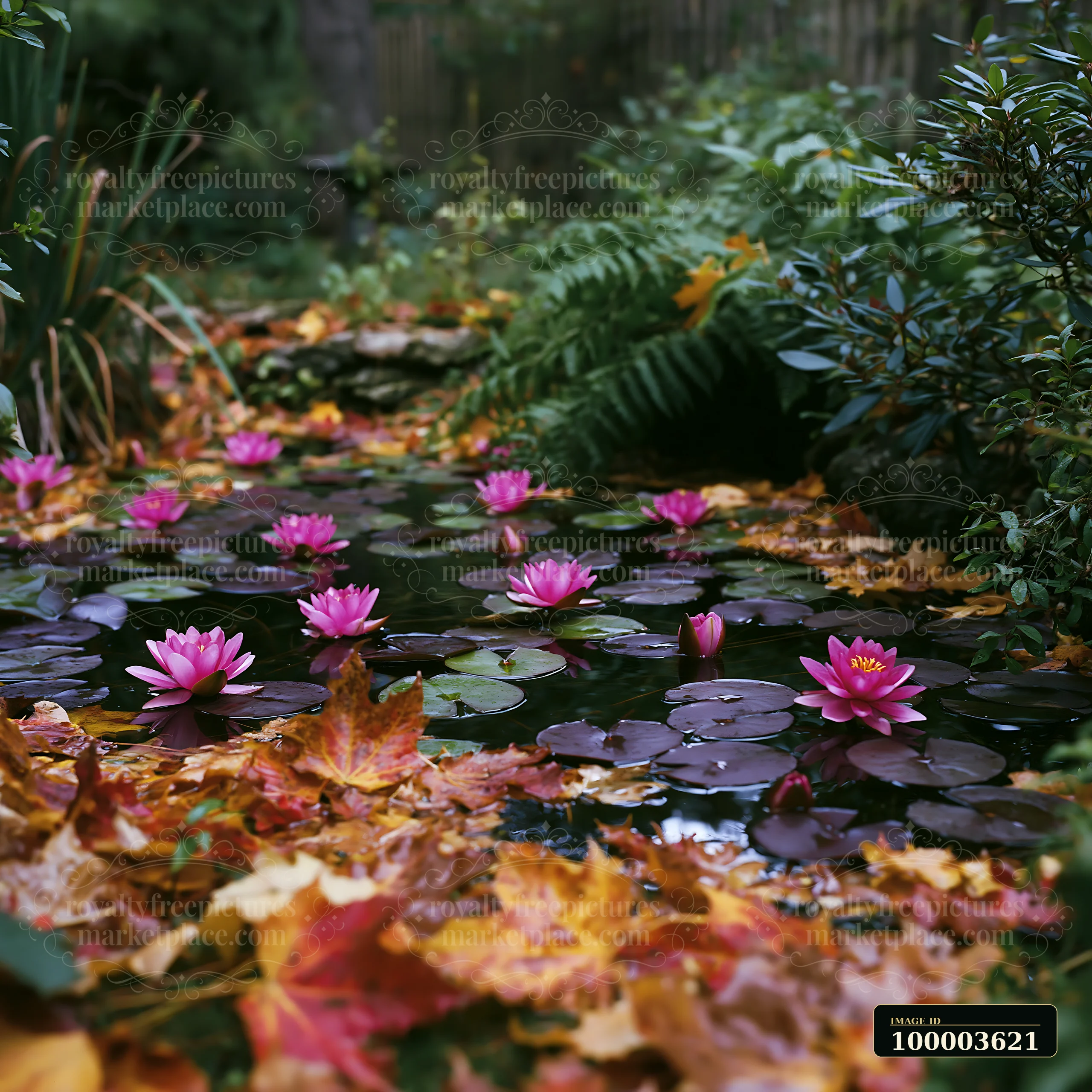 Pink water lilies float on the surface of a small pond filled with green leaves.