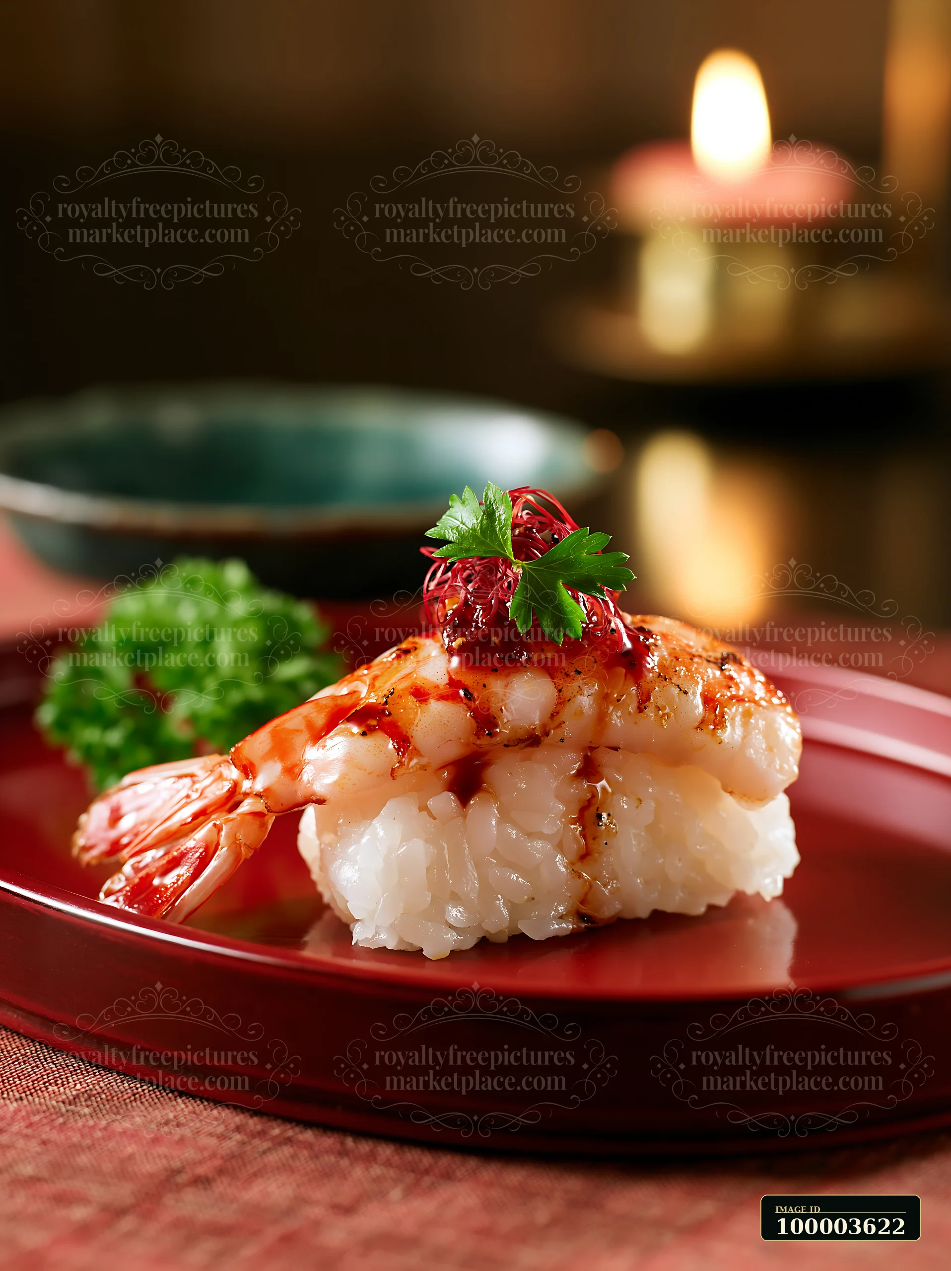 One sushi piece with herb garnish sits on a red plate.