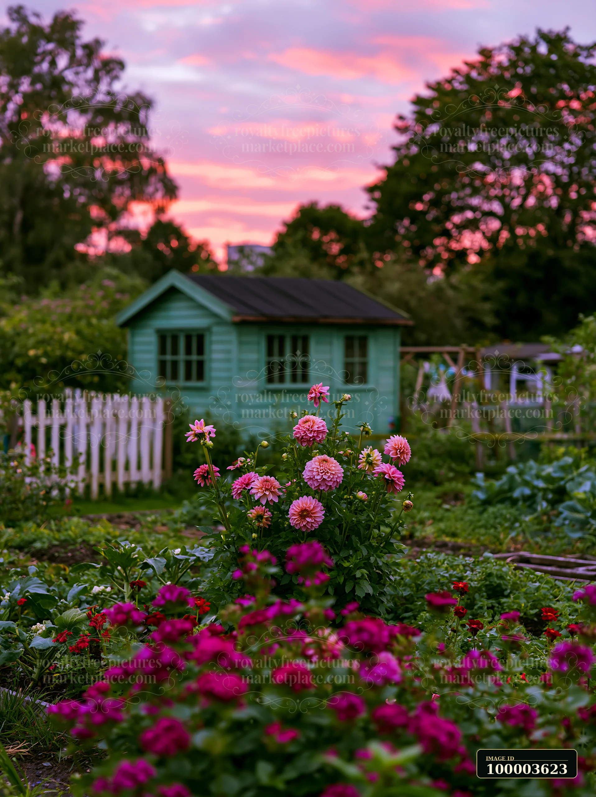 Small empty garden house beside blooming flowers, a white fence, and trees beneath a pink and purple dusk sky.