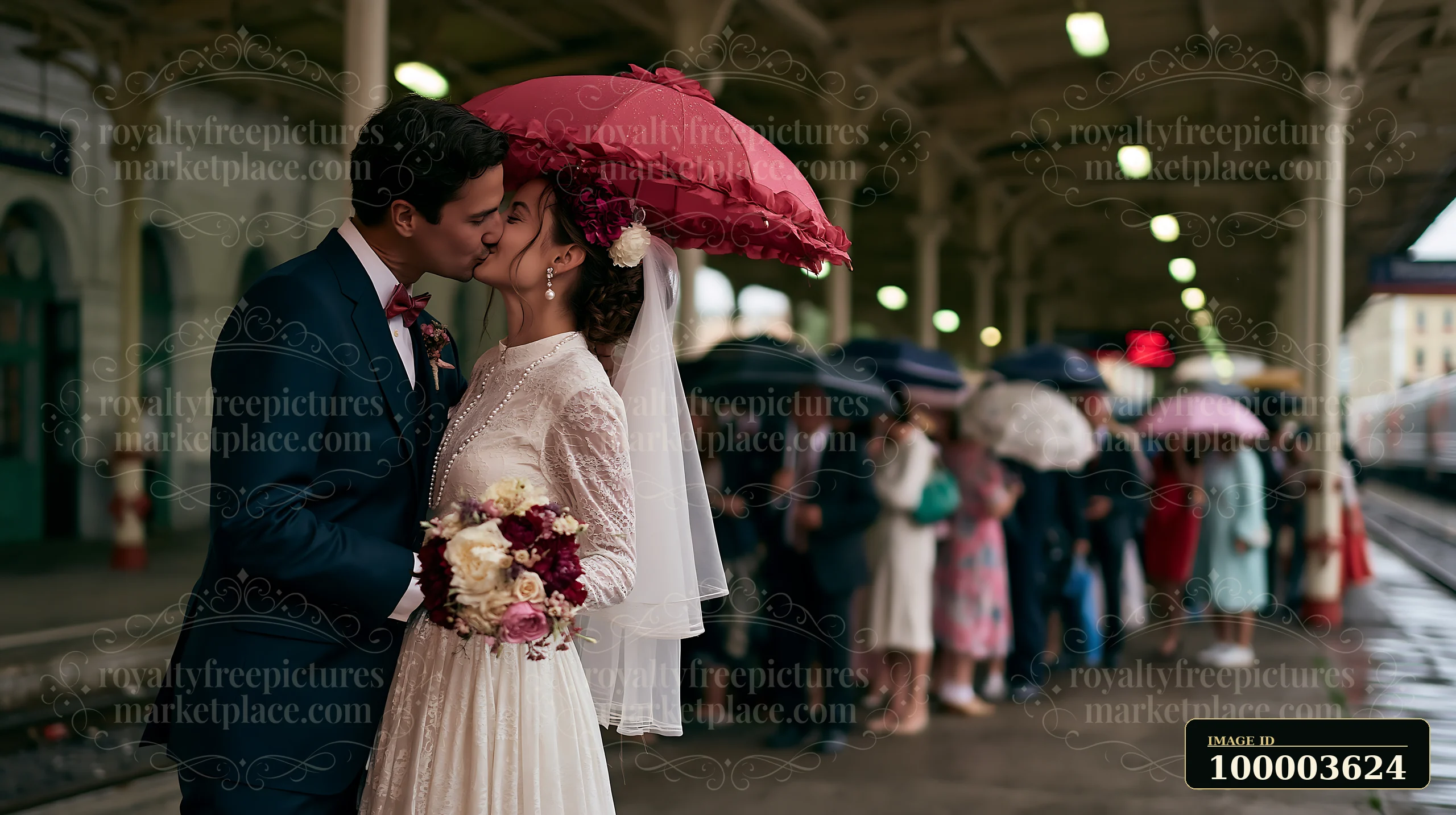 Bride and groom kiss beneath a pink umbrella on a rainy covered train platform.