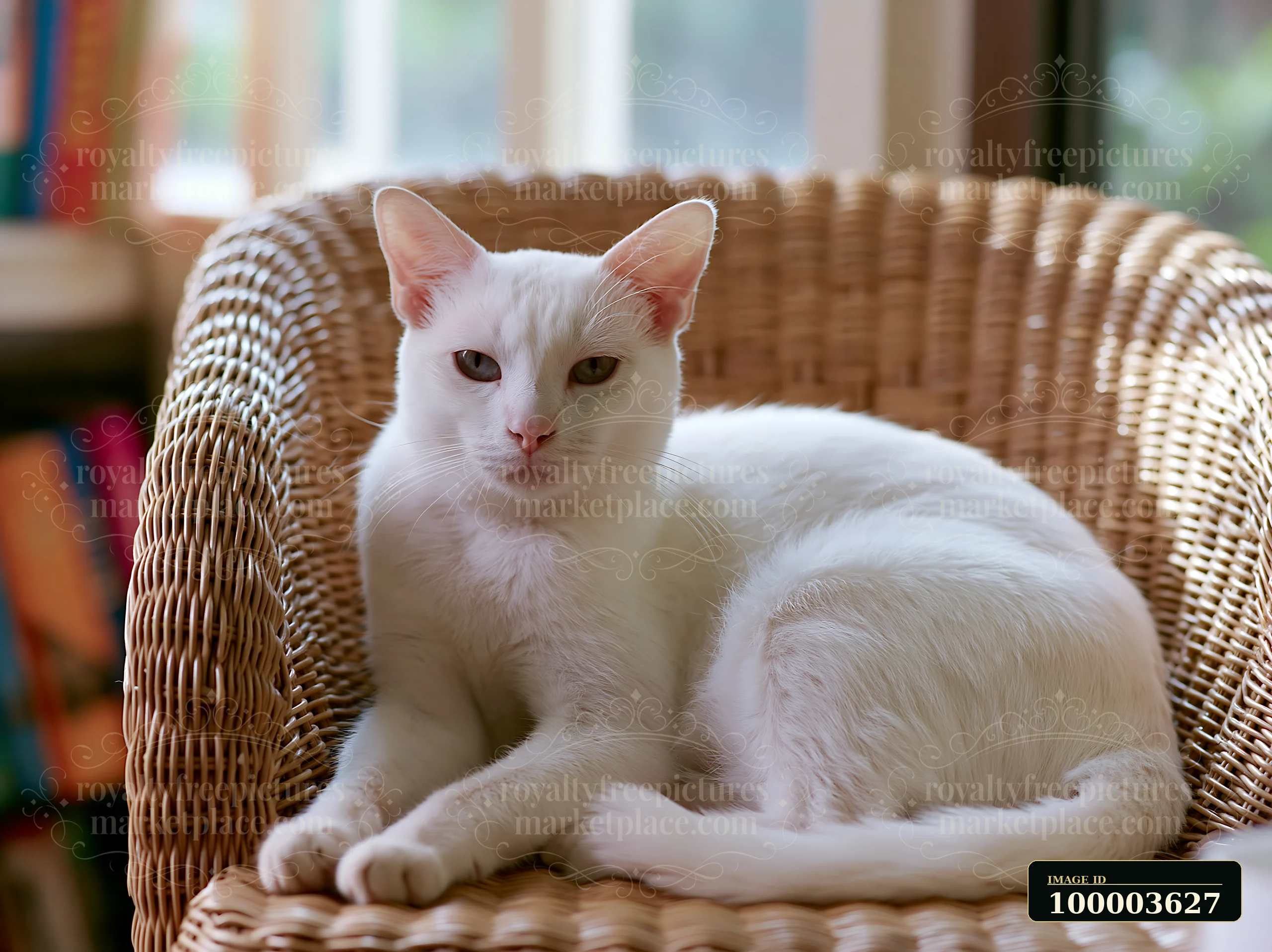 A Khao Manee cat lies on a wicker chair, looking directly at the viewer.