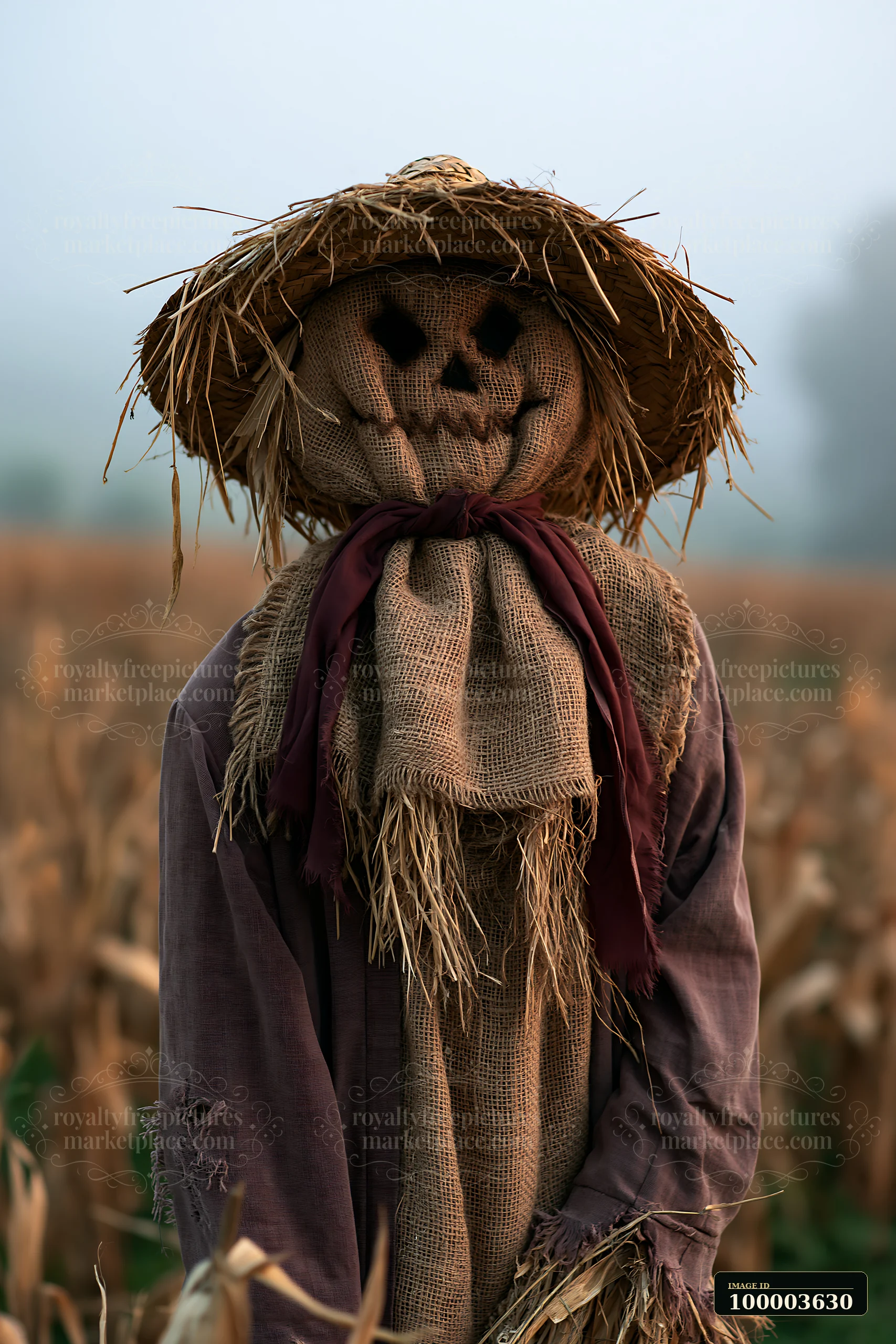 Close portrait of a burlap scarecrow wearing a straw hat and burgundy scarf in a blurred field.