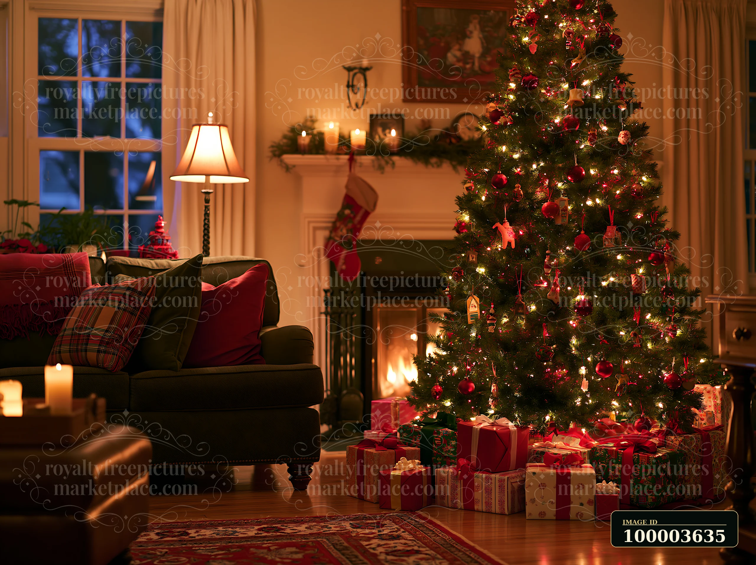 Decorated Christmas tree surrounded by wrapped presents in a warmly lit living room with a fireplace and sofa.