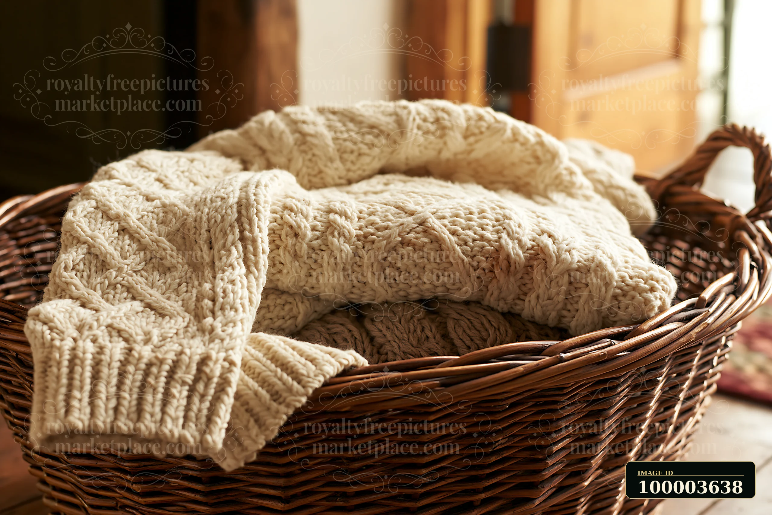Cream stained wool sweater with chunky knit texture draped in a wicker basket indoors.