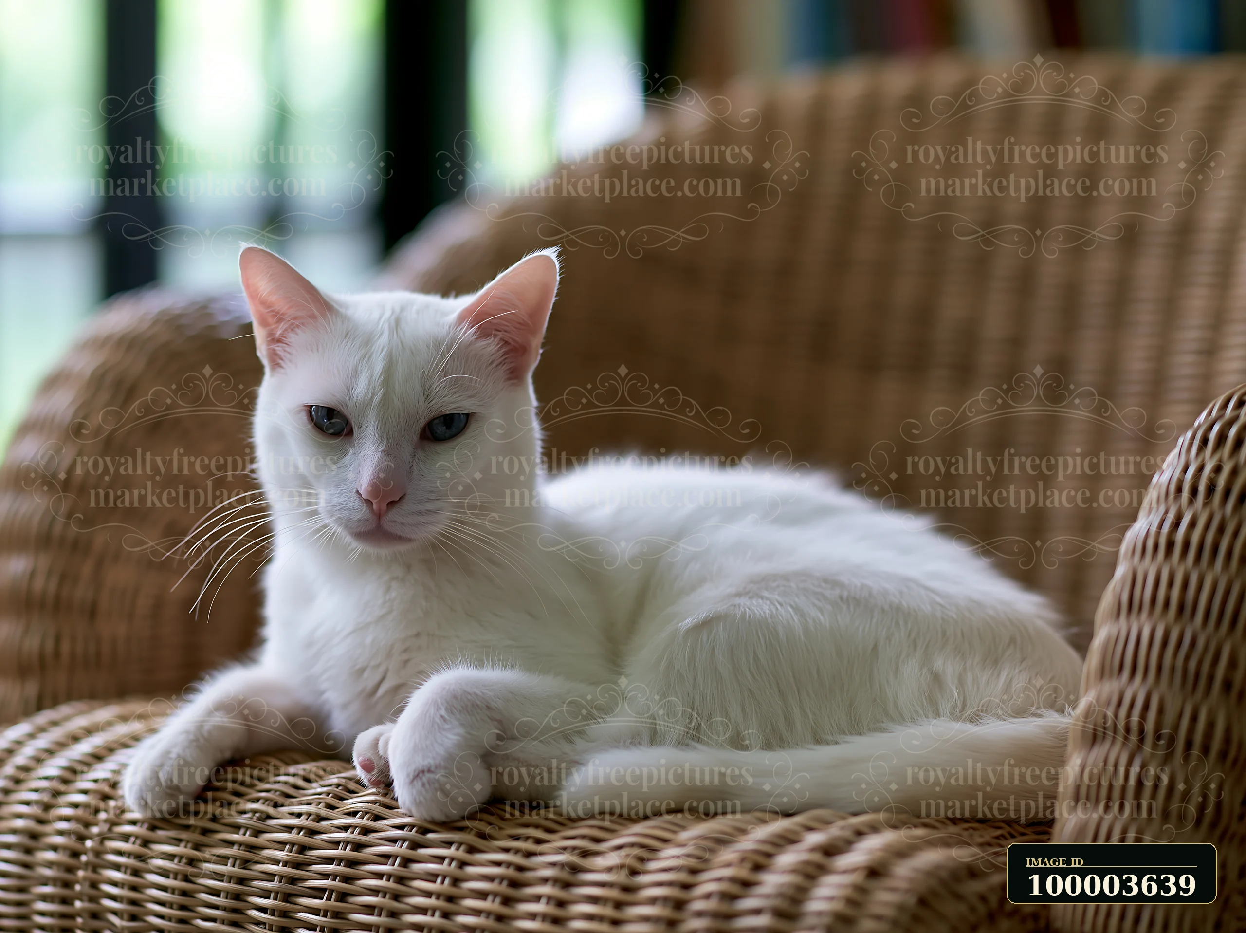 White Khao Manee cat resting on a woven wicker chair indoors in soft natural light.