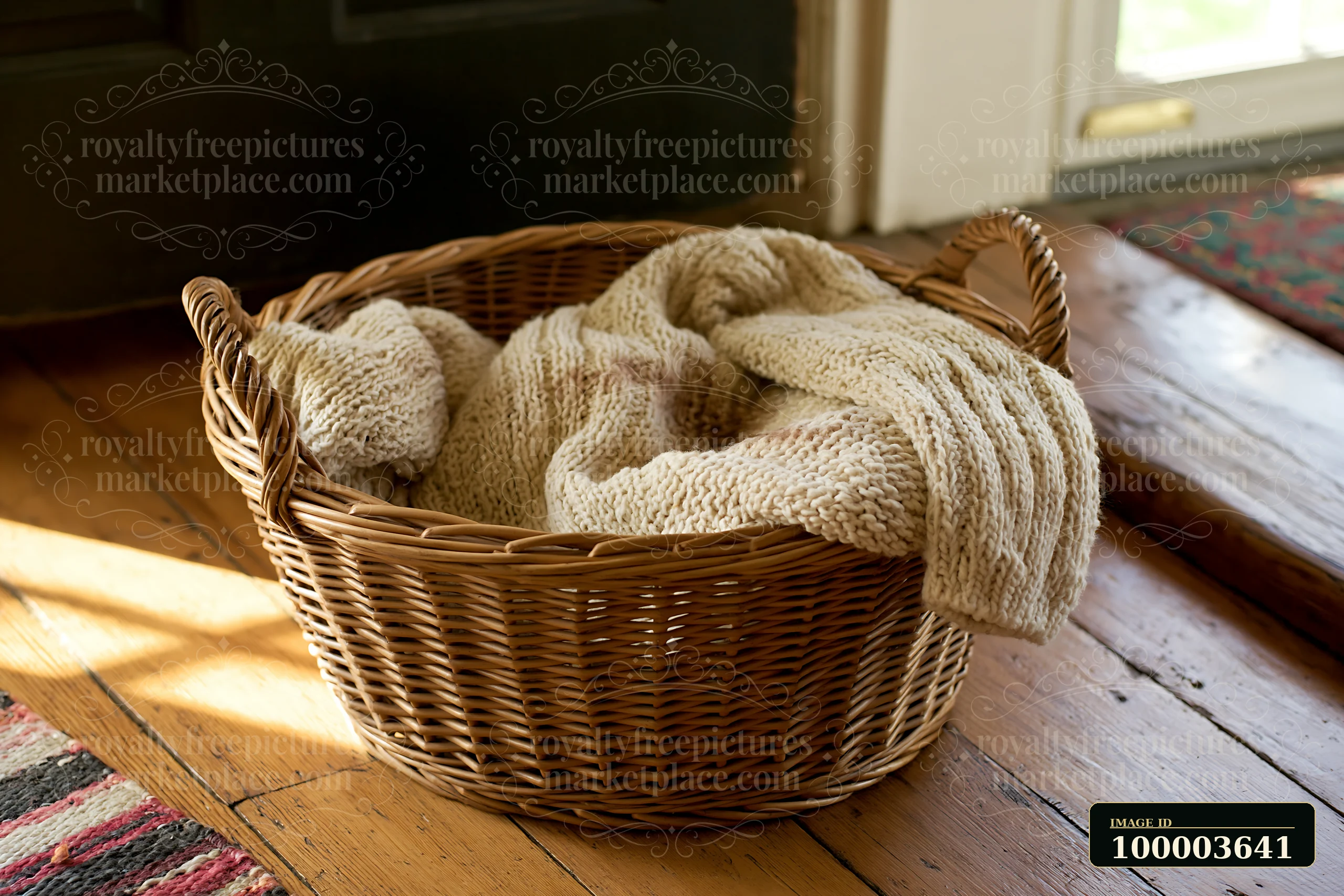 A wool sweater is folded neatly and placed in a wicker basket near the door in a bright room.