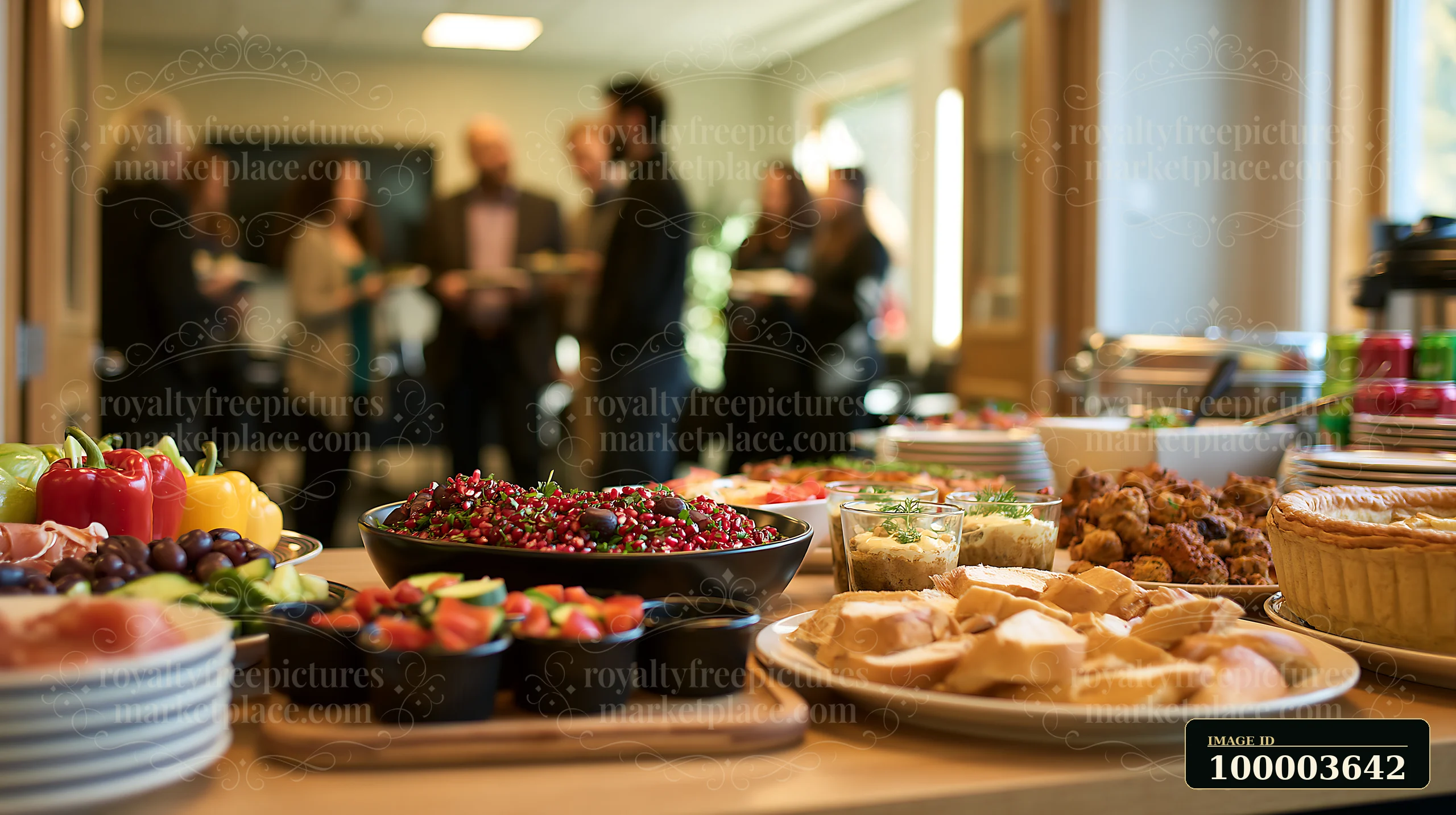 A buffet spread features a variety of foods at a corporate lunch event.