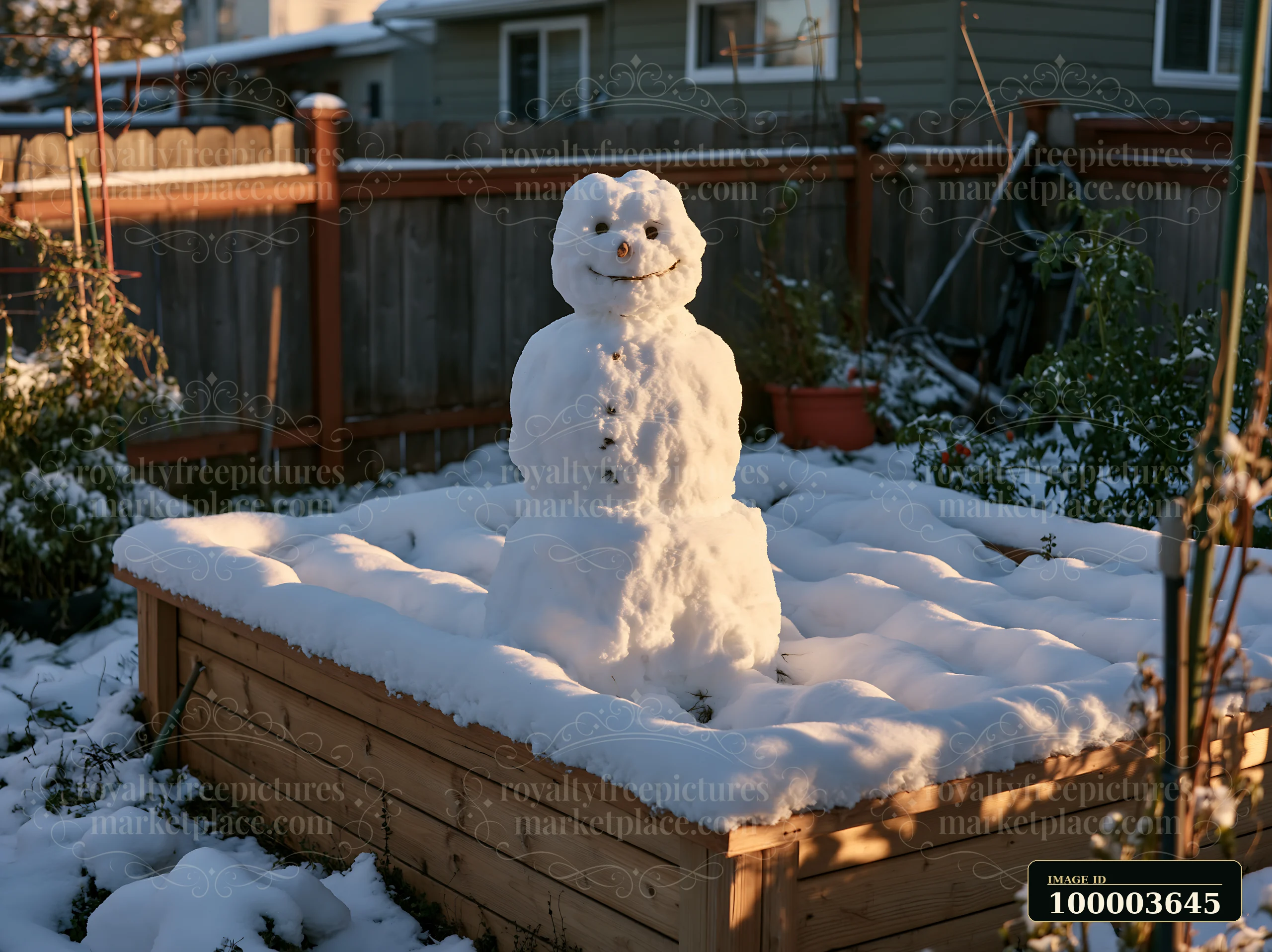 A snowman stands in a snowy backyard on a wooden garden bed.