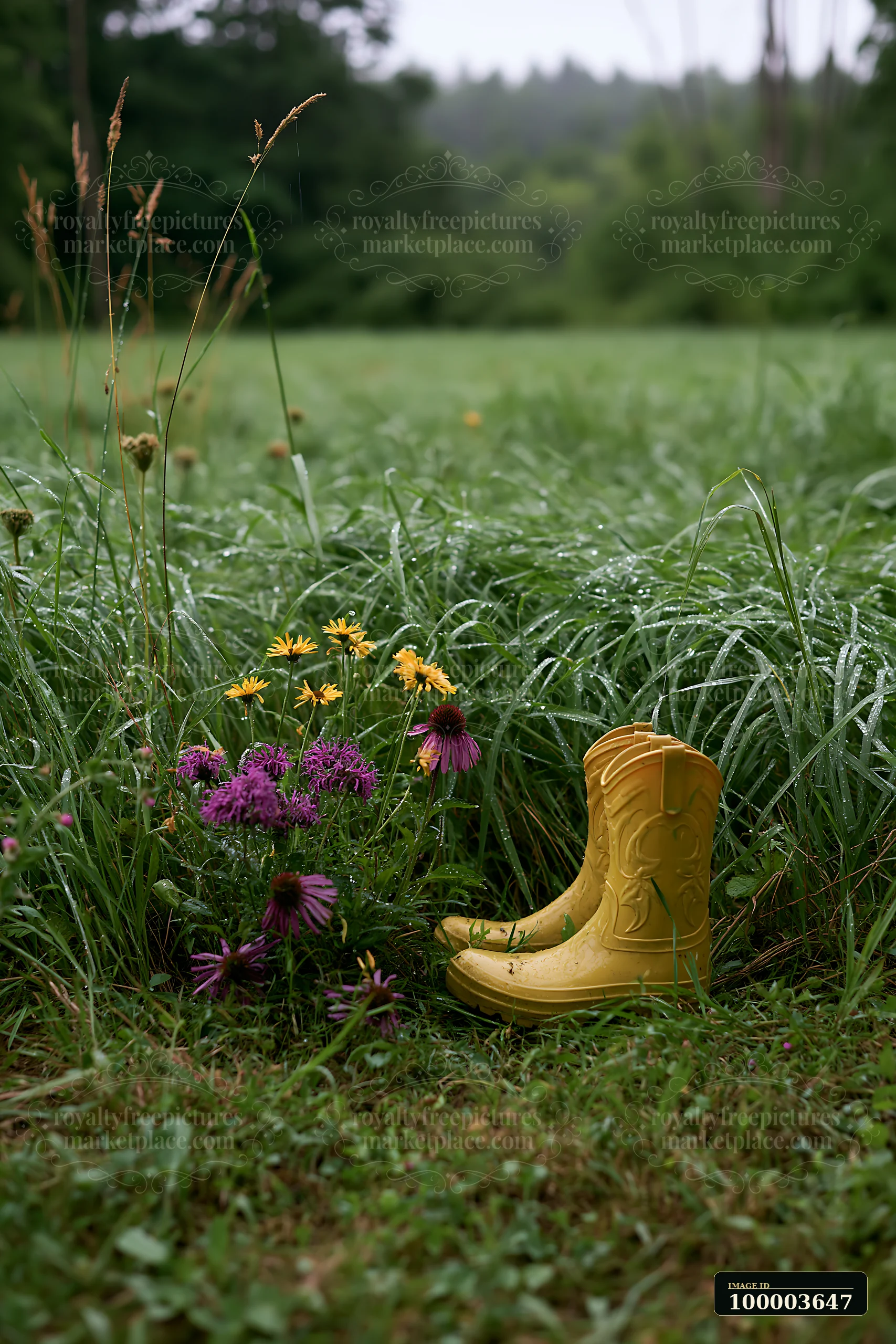 A yellow rubber boot is placed near colorful flowers in a dew-covered meadow grass setting.