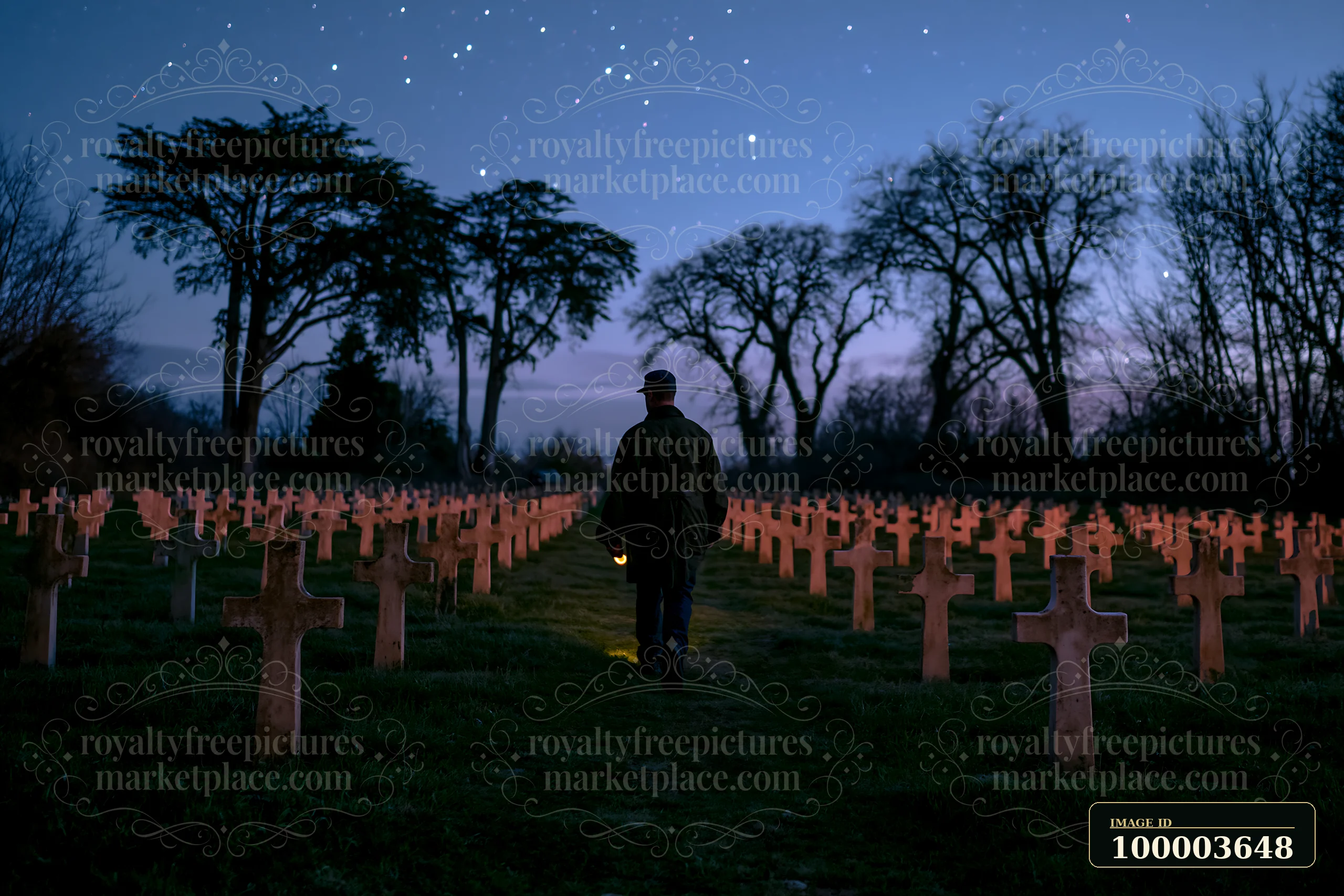 A person walks through rows of cross-shaped grave markers beneath a starry evening sky.