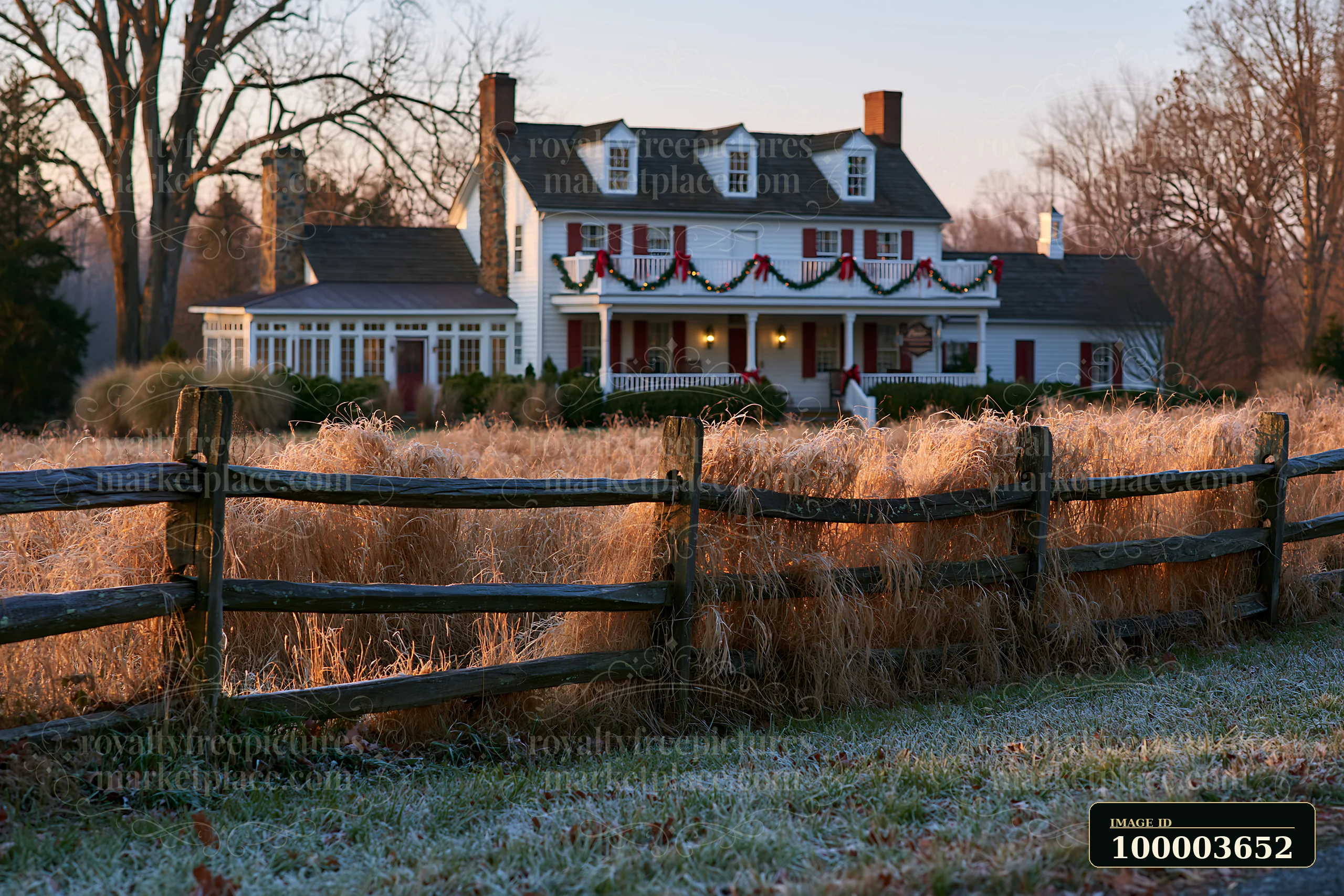 A traditional farmhouse displays holiday garlands while being framed by a wooden fence and surrounded by dry grass in the early morning light.