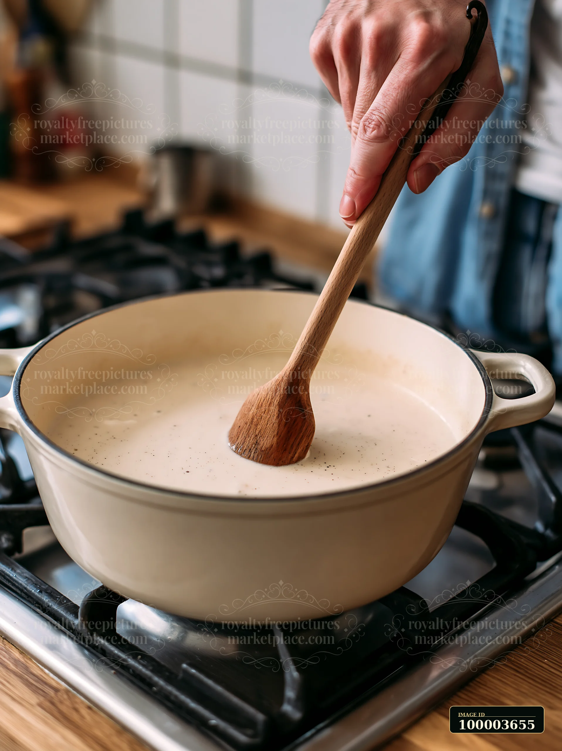 A hand stirs vanilla-speckled cream in a large saucepan with a wooden spoon on a kitchen stovetop.