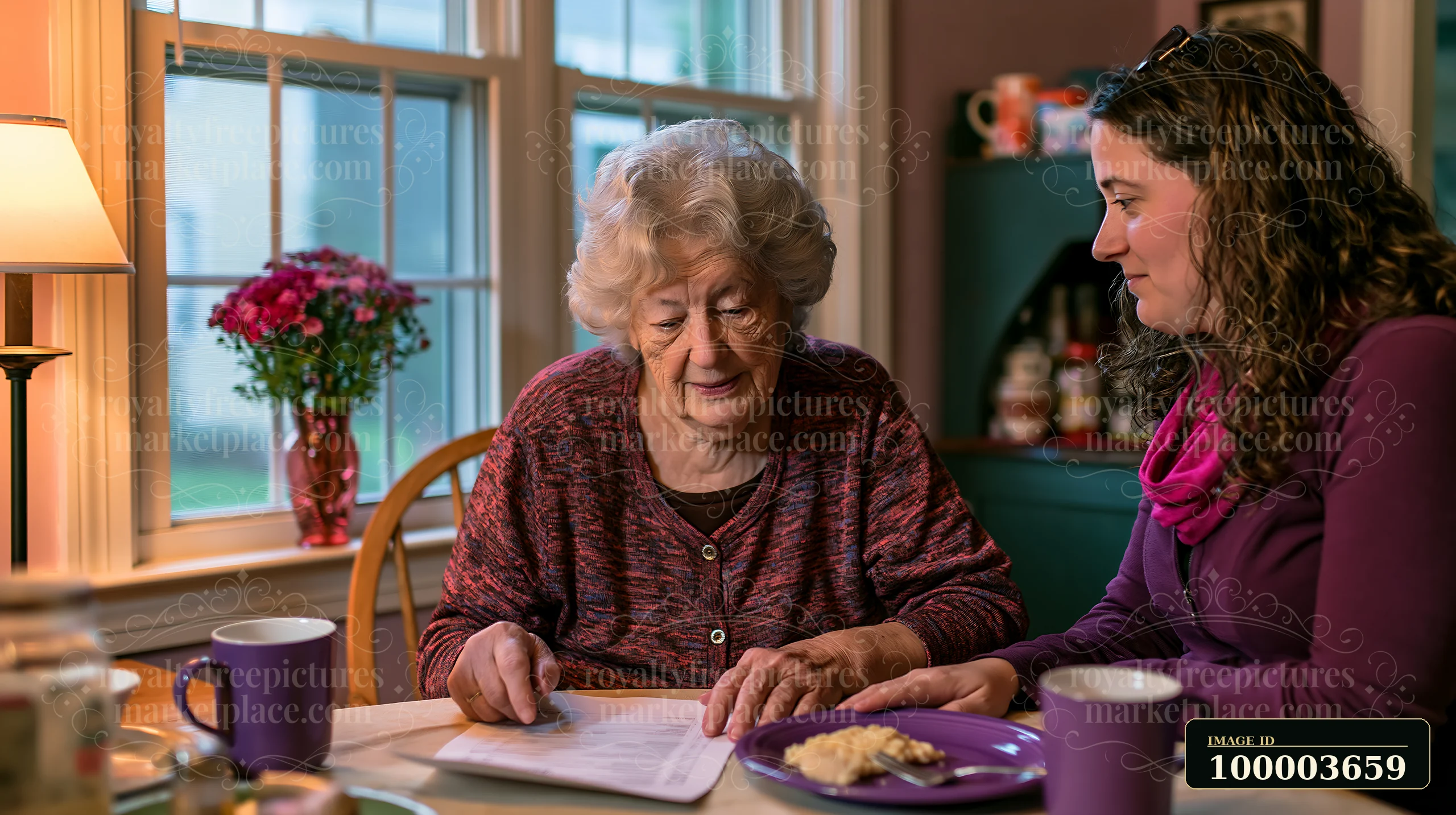 Senior woman reviews medical paperwork with a caregiver at a dining table before a doctor's visit.