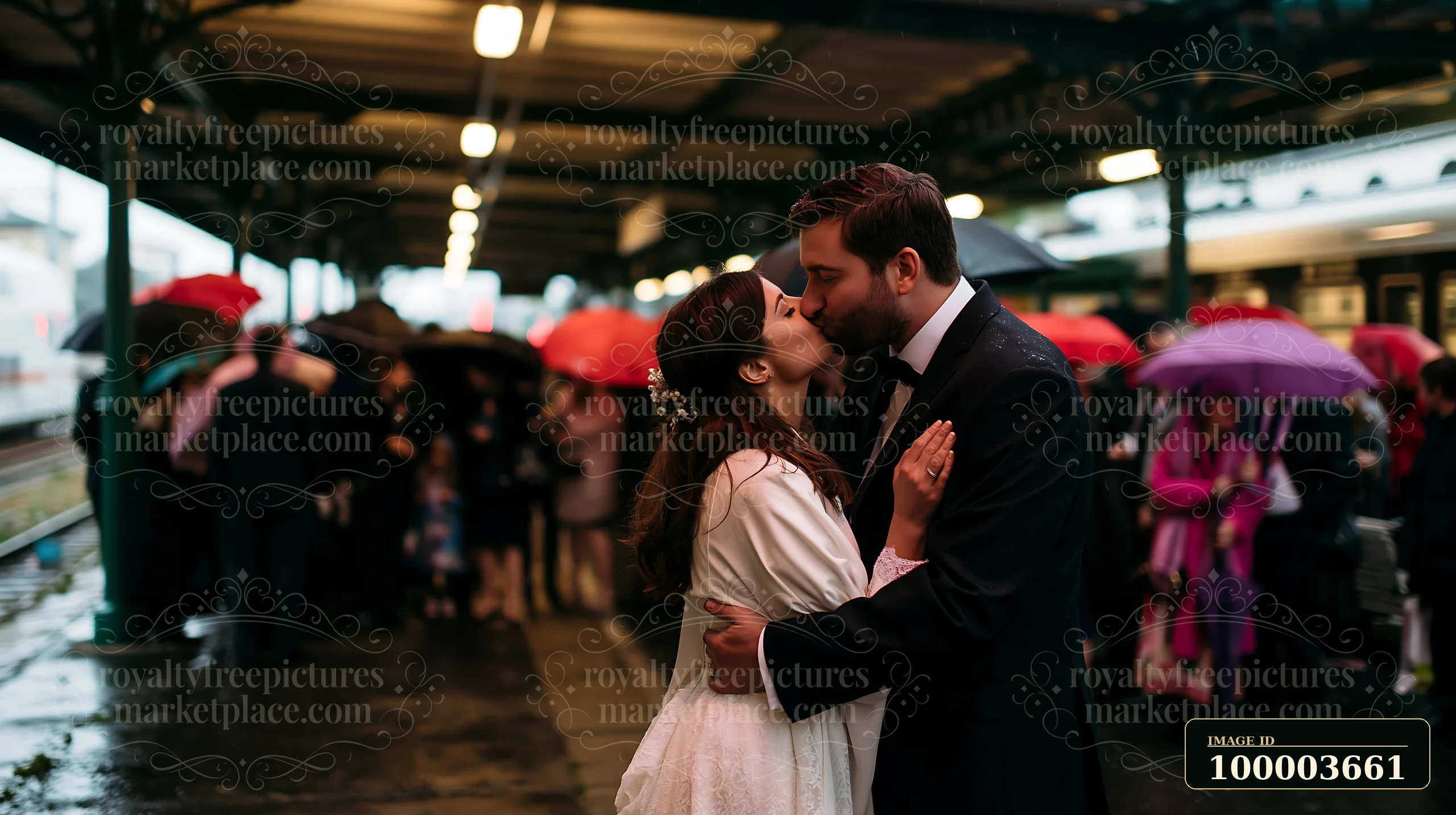 A bride and groom kiss at a train station while guests with umbrellas surround them.