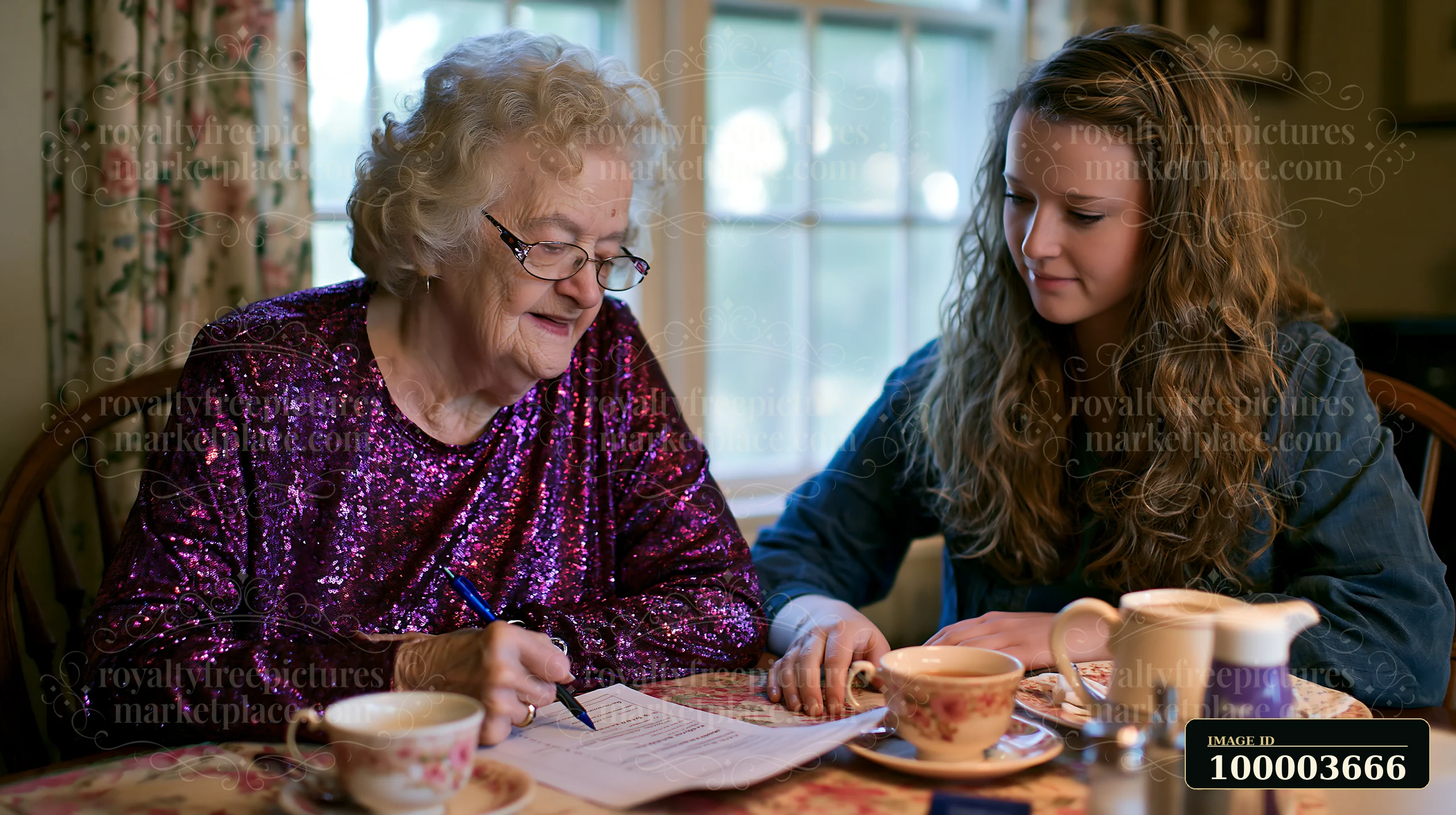 Older woman completes paperwork at a dining table with support from a young female companion.