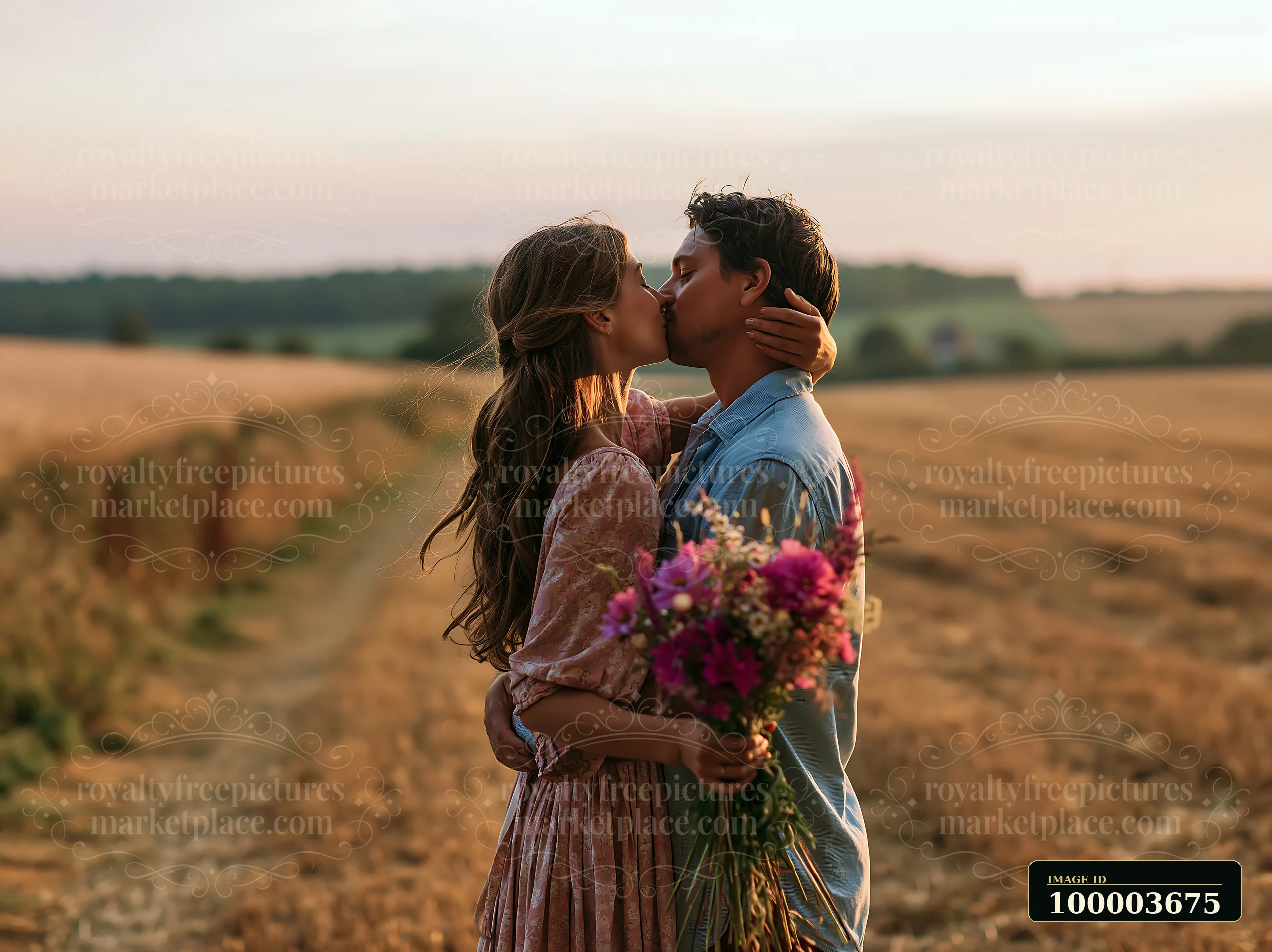 Couple kisses beside a country road while holding a colorful wildflower bouquet in a sunlit field.
