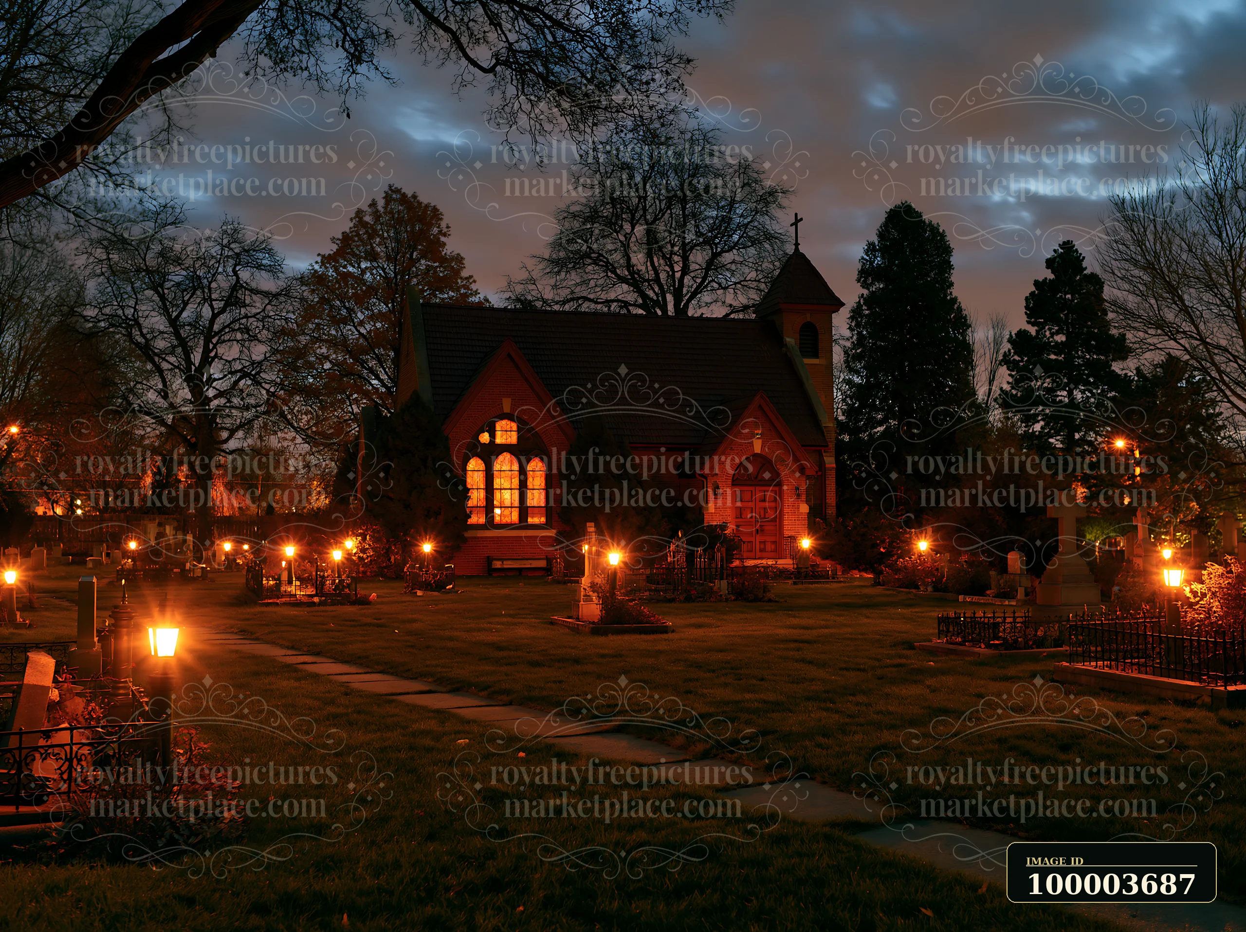 A memorial cemetery features glowing lights illuminating paths and gravestones as the sky transitions to night.