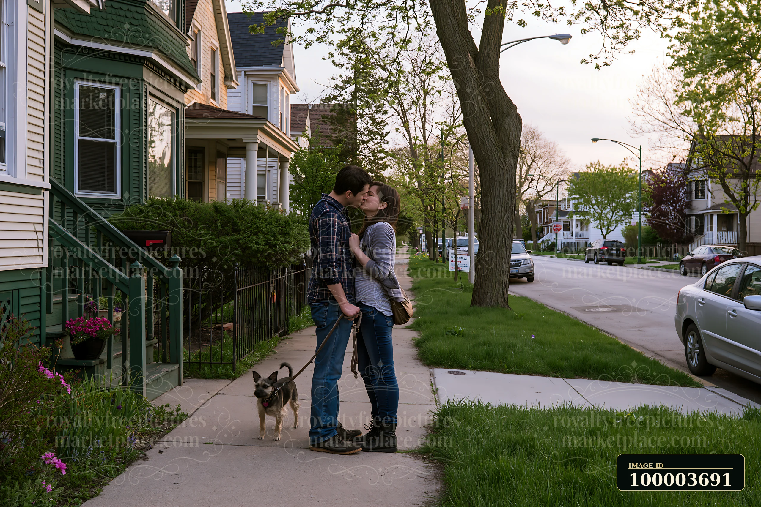 A couple kisses on the sidewalk outside their home while their dog waits nearby.
