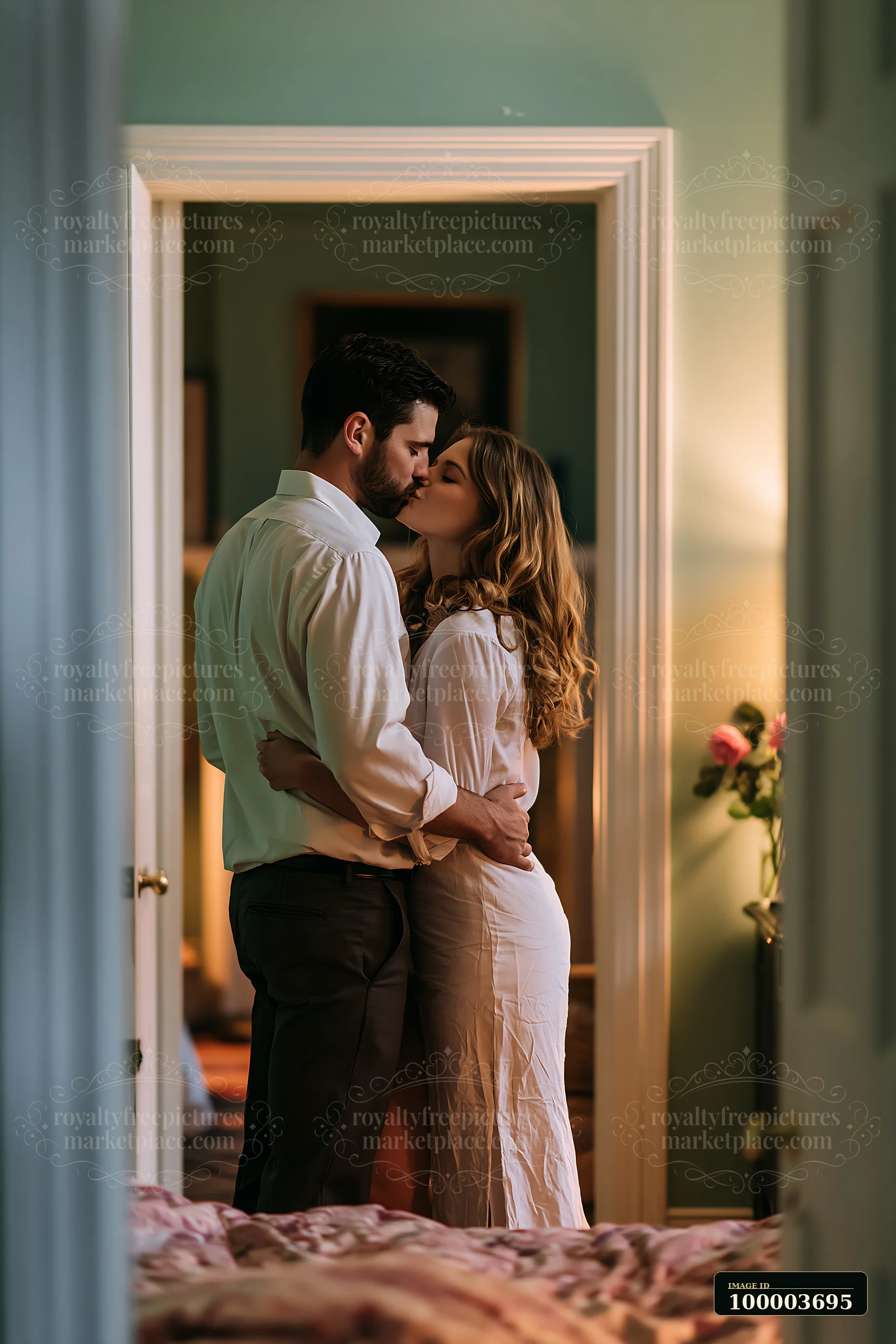 A couple sharing a kiss in a softly lit room before heading to work.