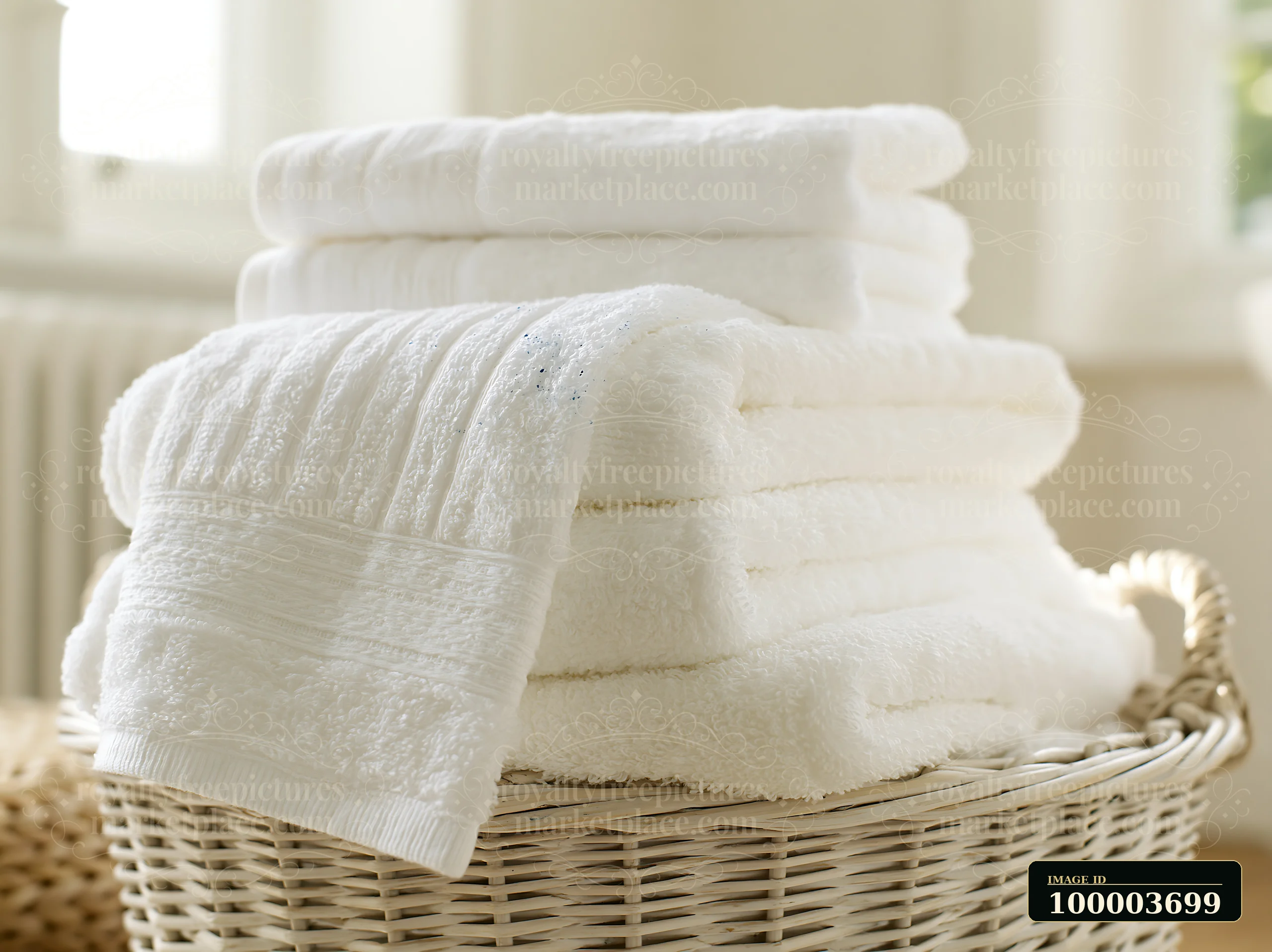 Neatly folded white towels sit in a woven basket in a light-filled room.