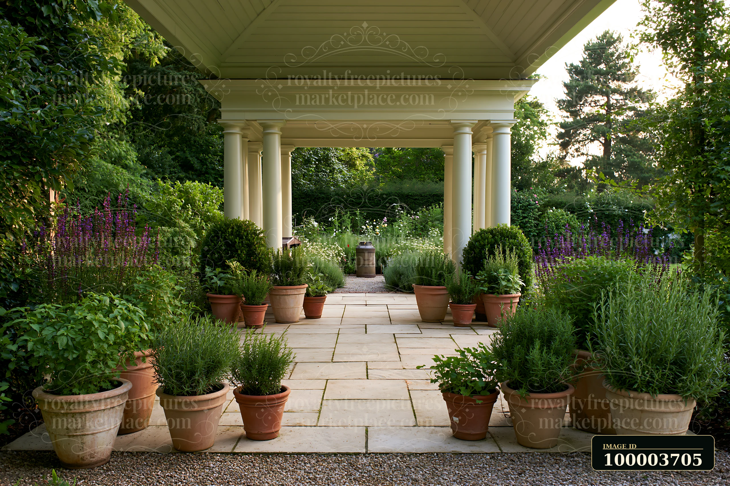 Classical garden pavilion with columns, potted plants, and flowering borders in soft evening light.