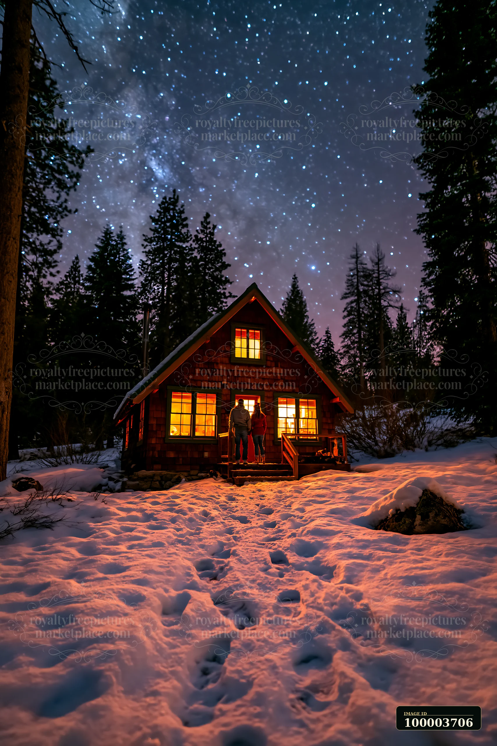 Two people stand outside a warmly lit cabin in snowy woods beneath a star-filled night sky.