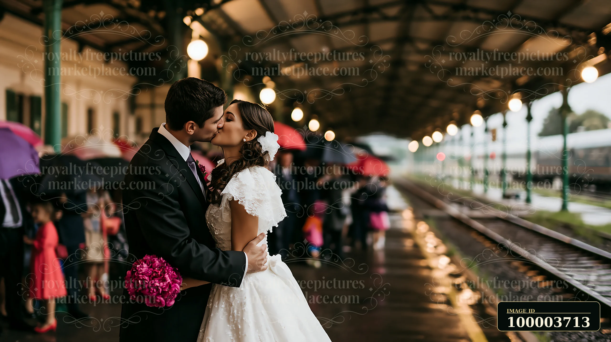 A bride and groom kiss at a train station while guests hold umbrellas.
