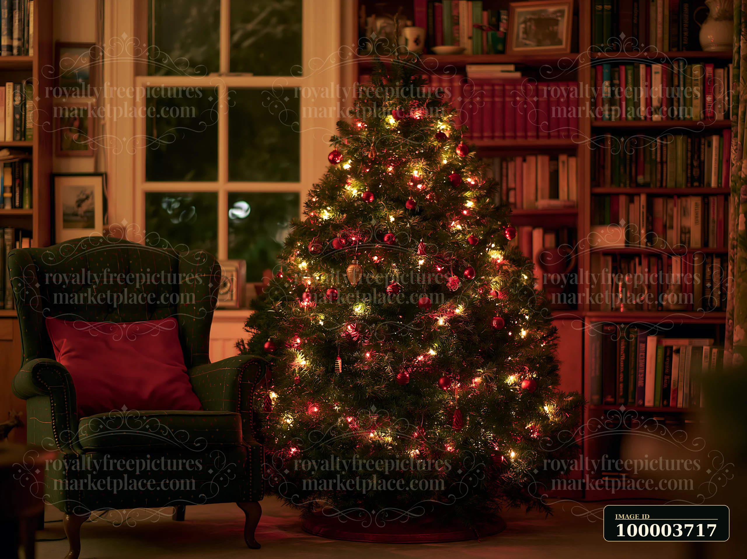 Decorated Christmas tree glowing beside an armchair in a warmly lit library living room.