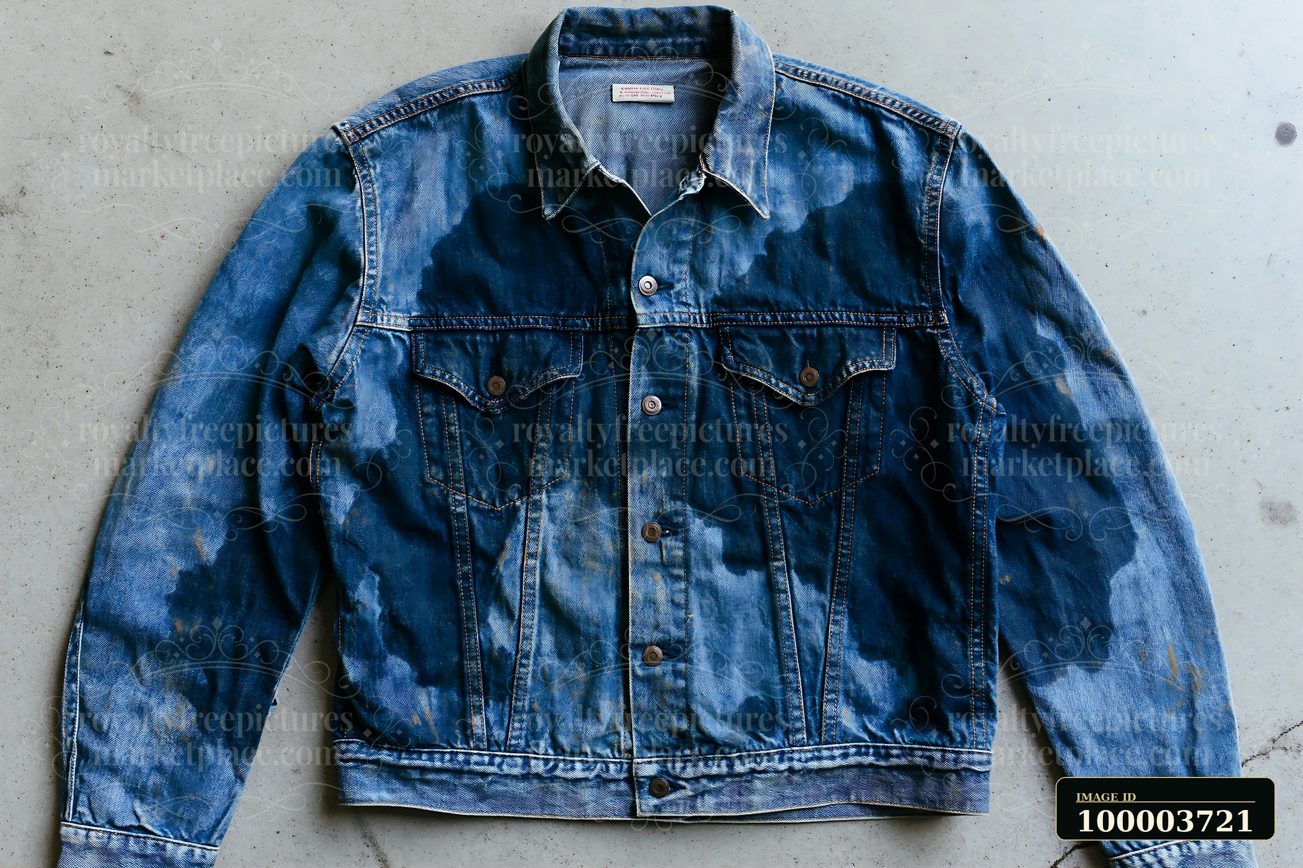 A denim jacket shows faded watermarks across its surface on a gray floor.