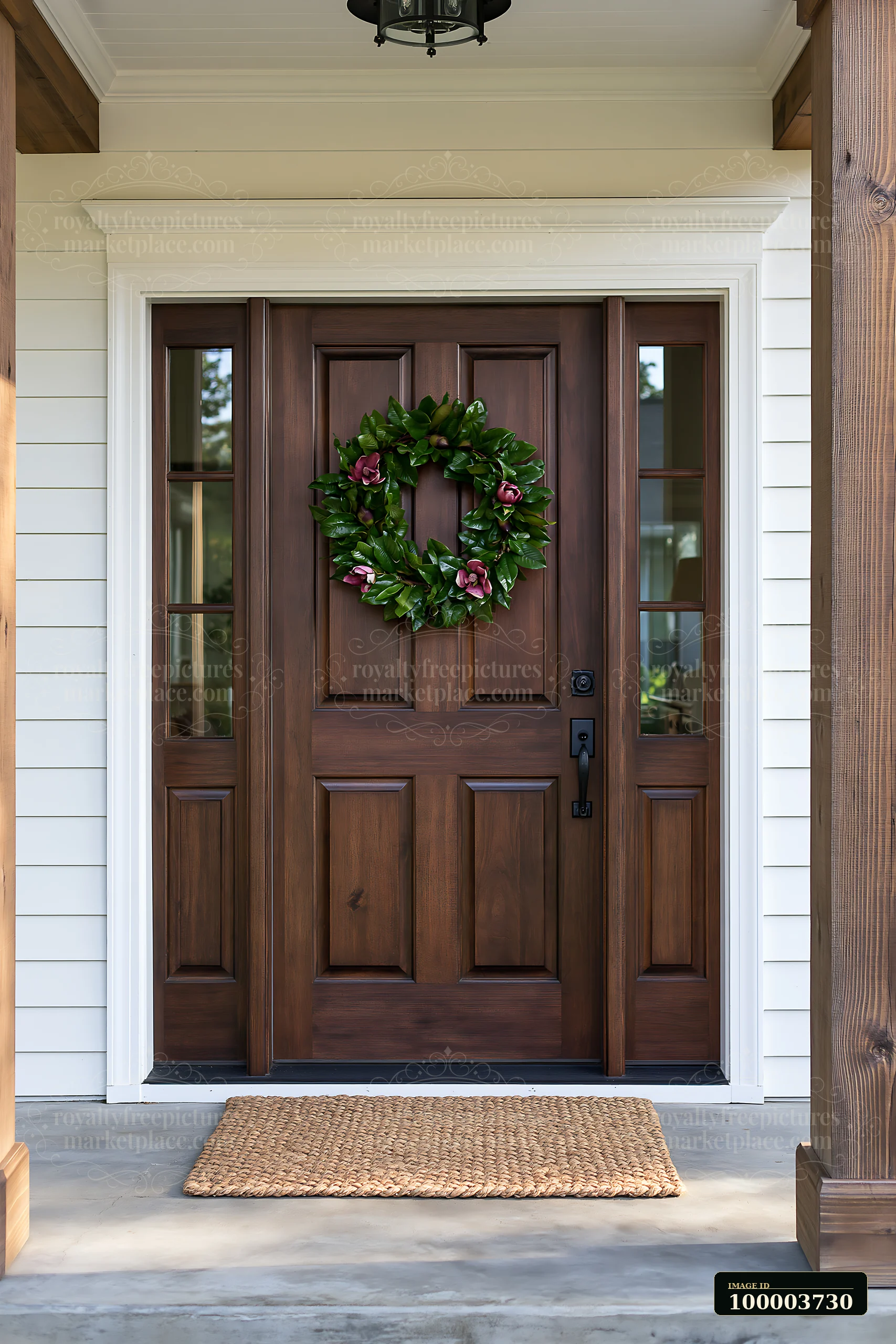 A modern wooden entrance door with a green wreath and a welcome mat stands at the entryway of a home.