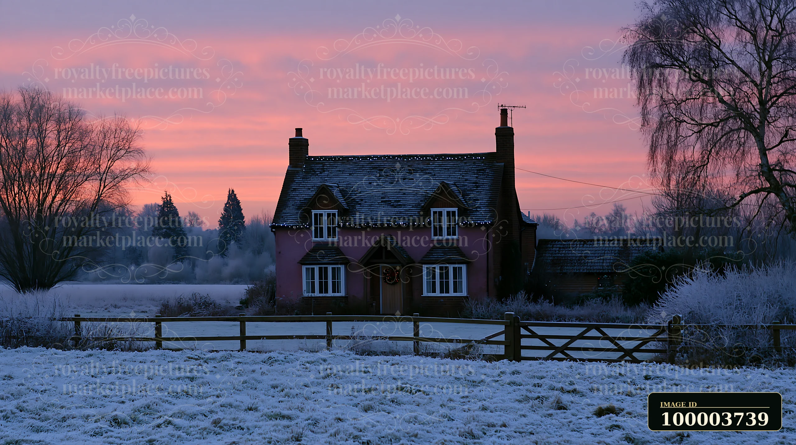 A charming country cottage sits in a snowy landscape under a pastel sky at sunset.