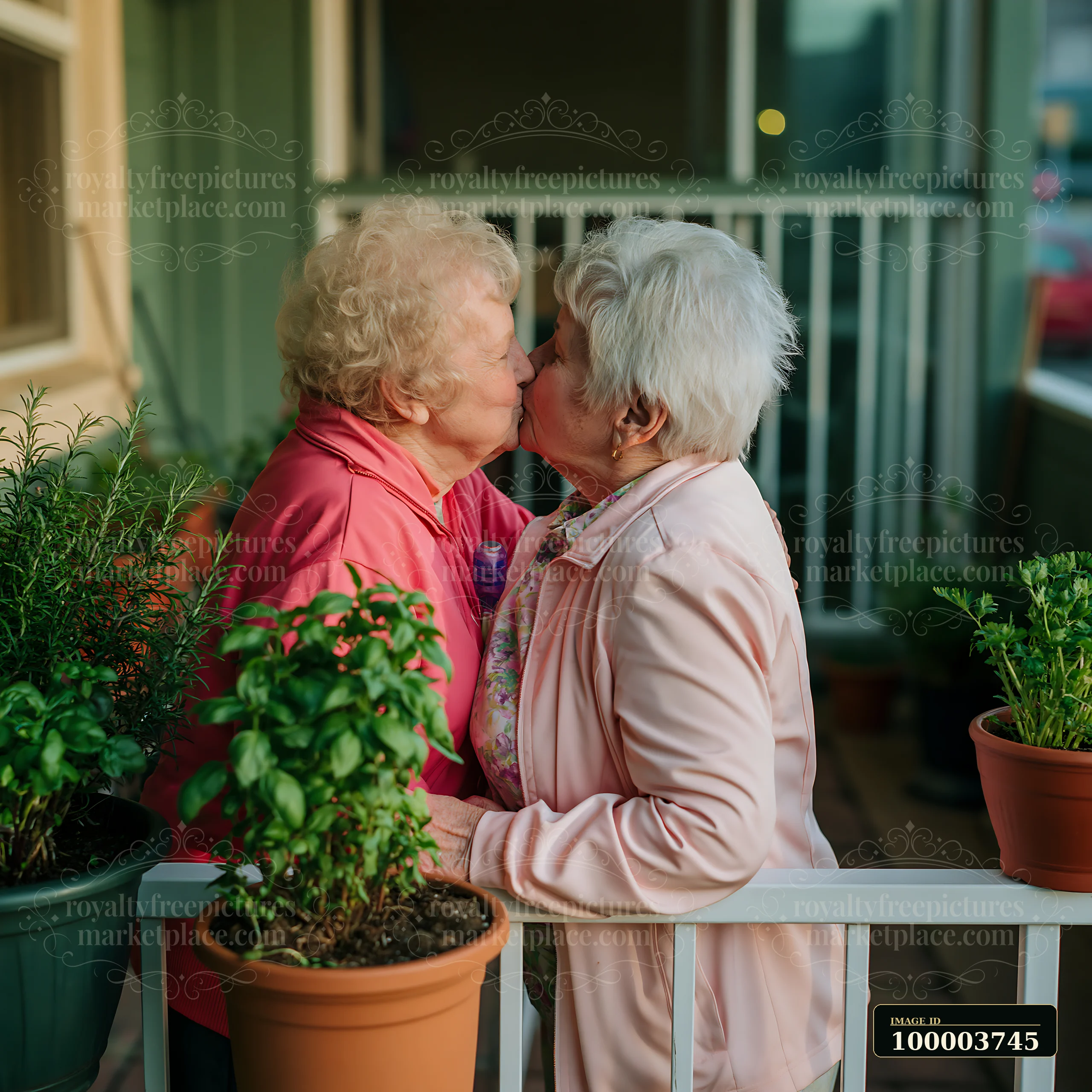 Two elderly partners share a kiss on a porch surrounded by potted plants.