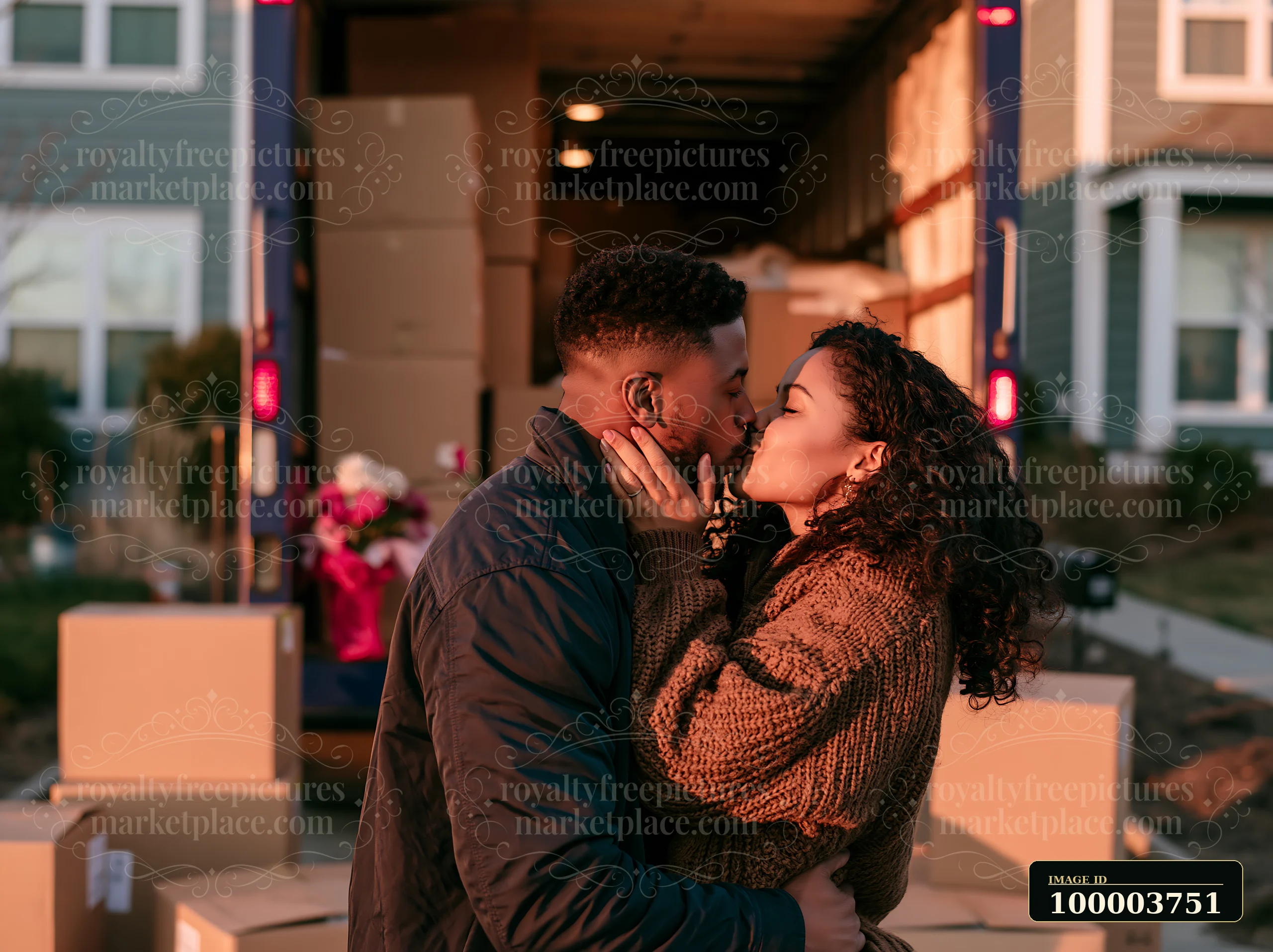 Couple kisses while embracing beside an open moving truck and stacked boxes outside a home.