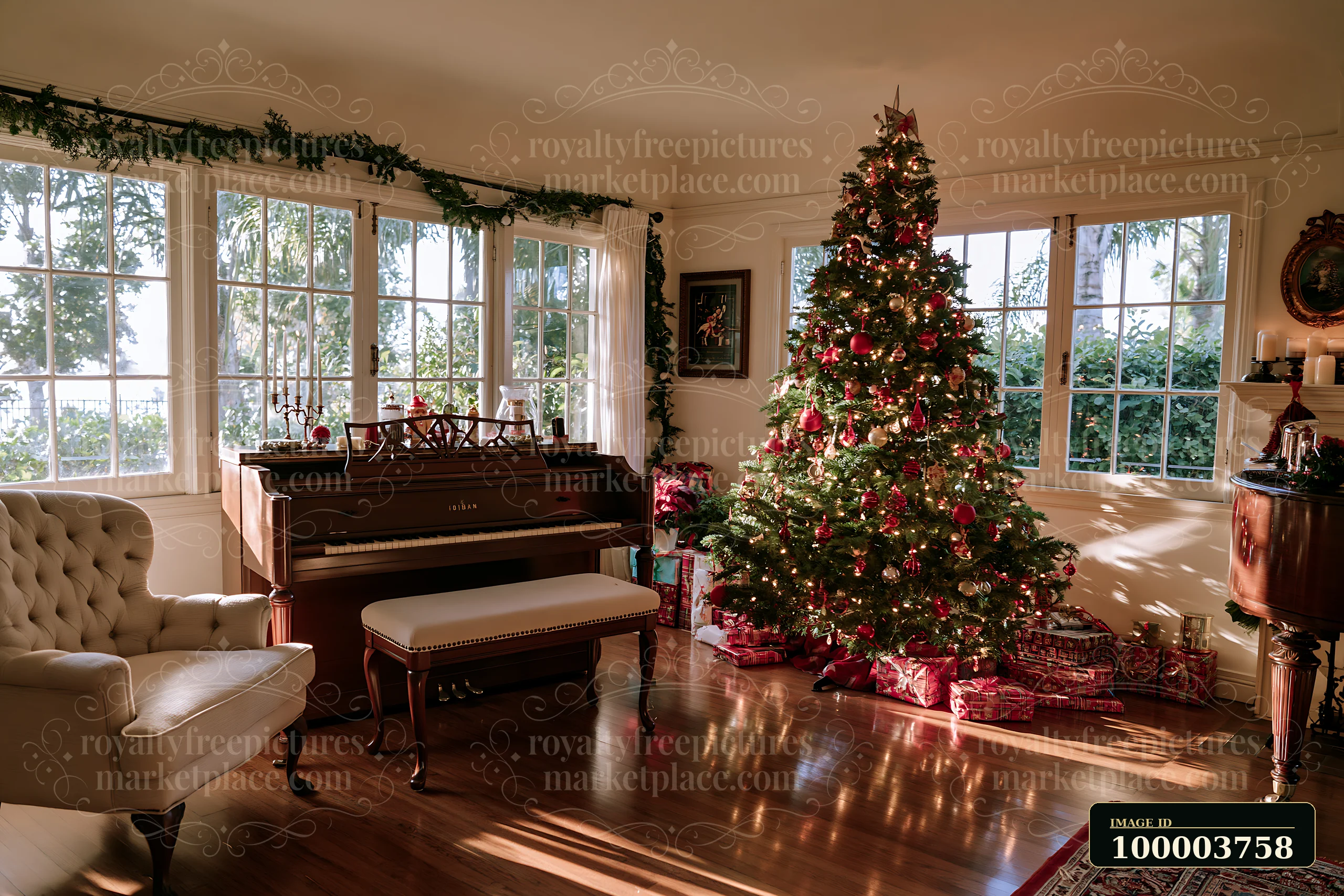 A large Christmas-decorated living room features a tall tree surrounded by gifts.