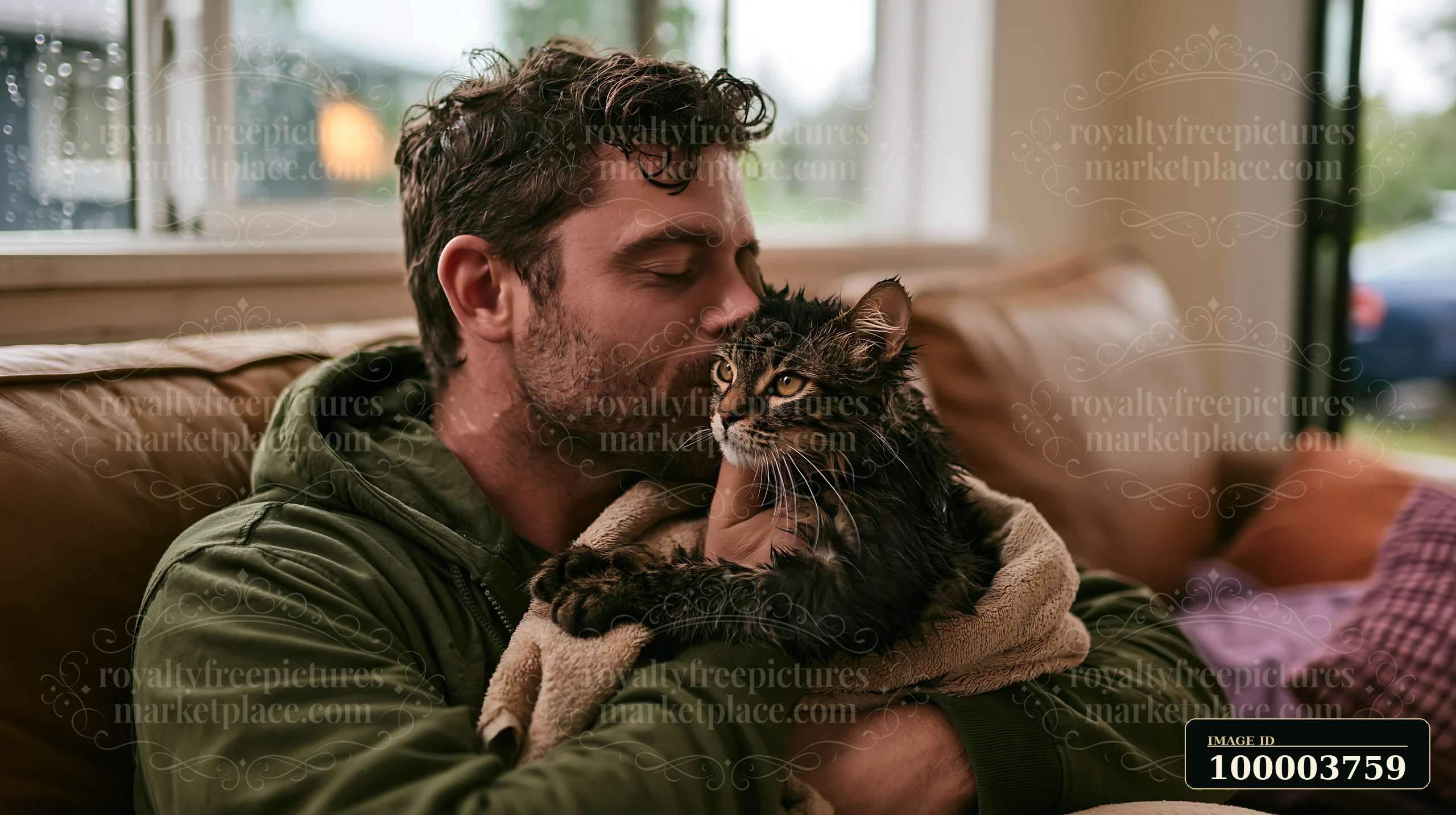 Man kisses a long-haired cat while holding it on a sofa in a softly lit living room.