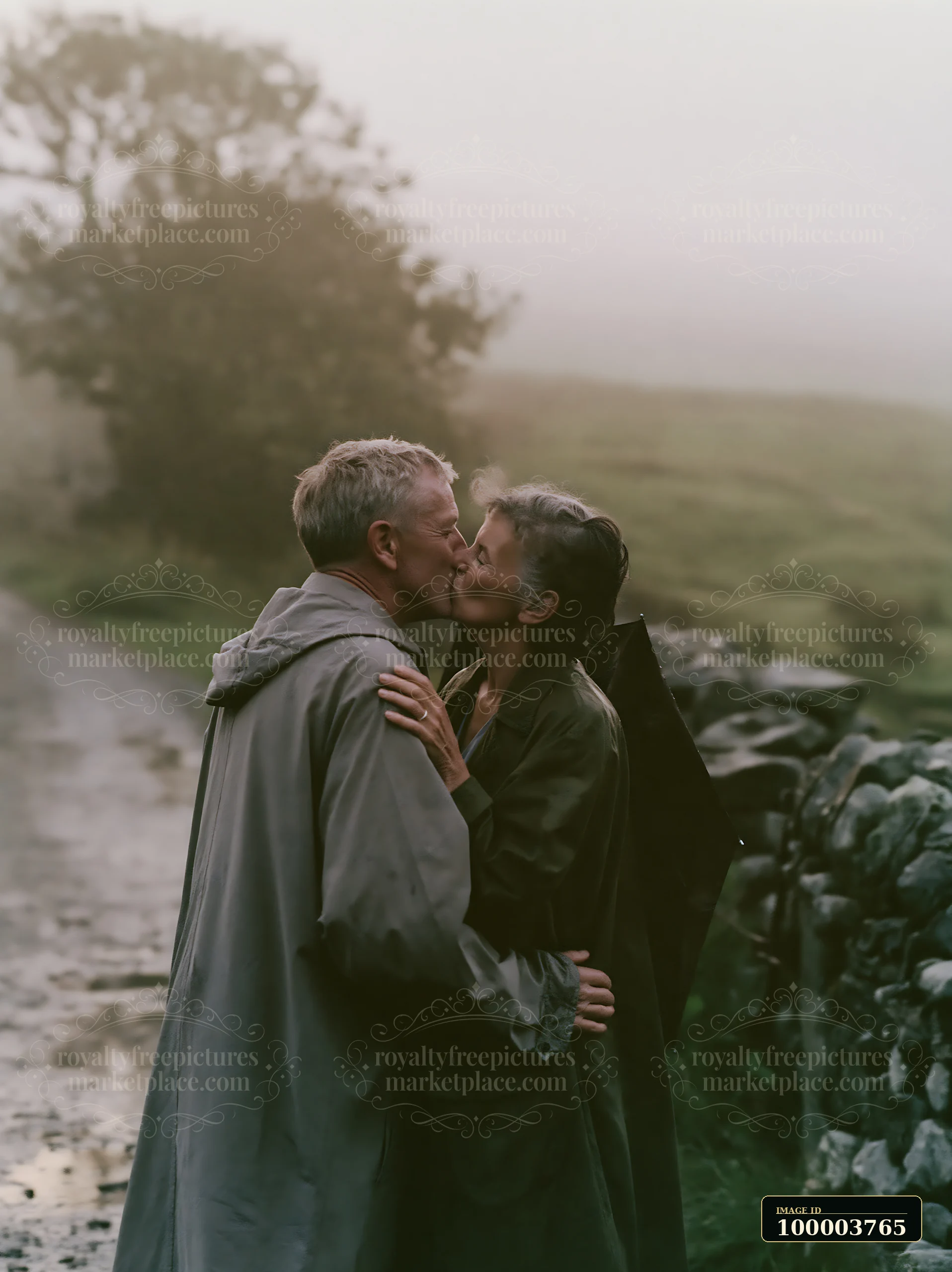 A couple kisses on a country road surrounded by green fields and stone walls.