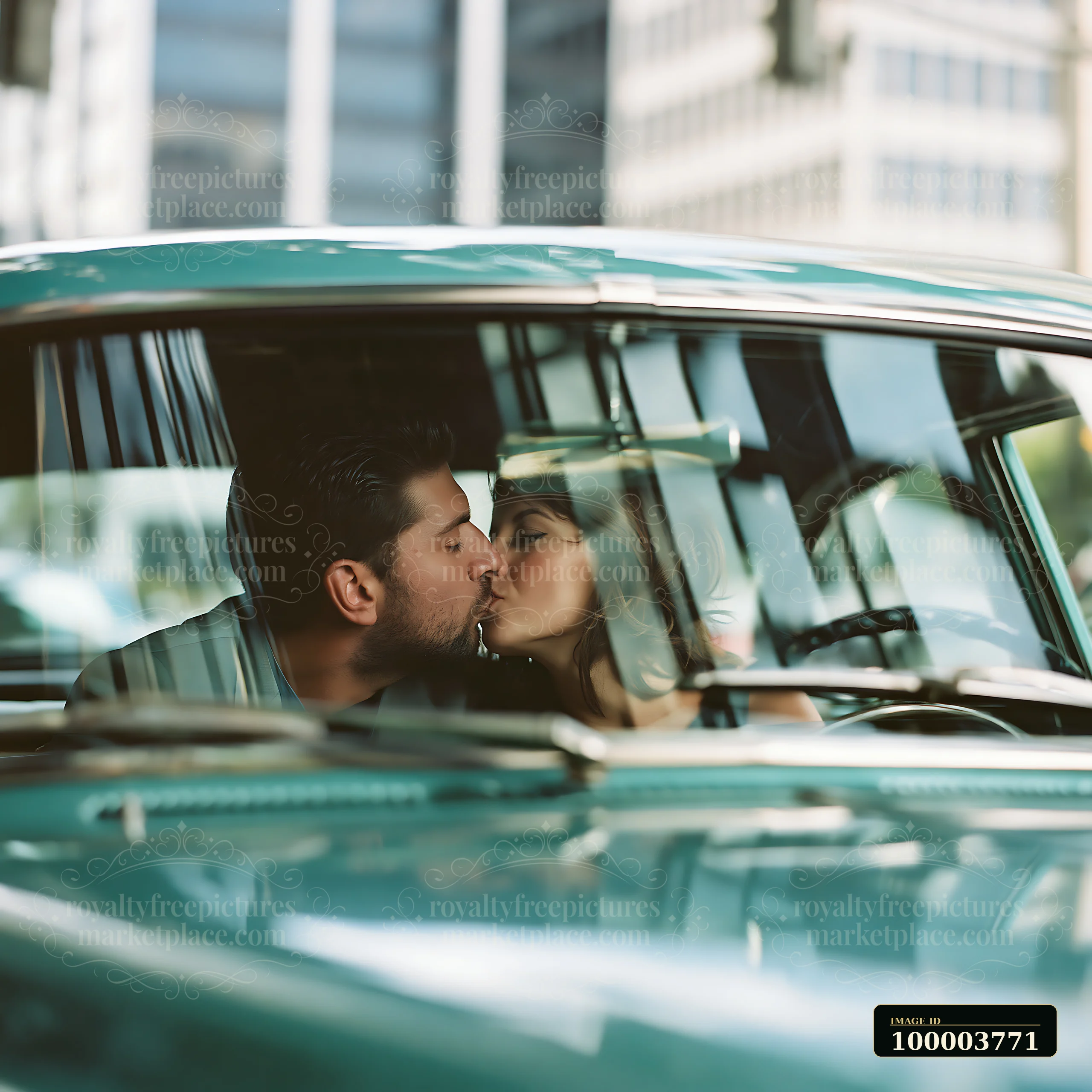 A couple is kissing inside a vintage car while parked in a busy city area.