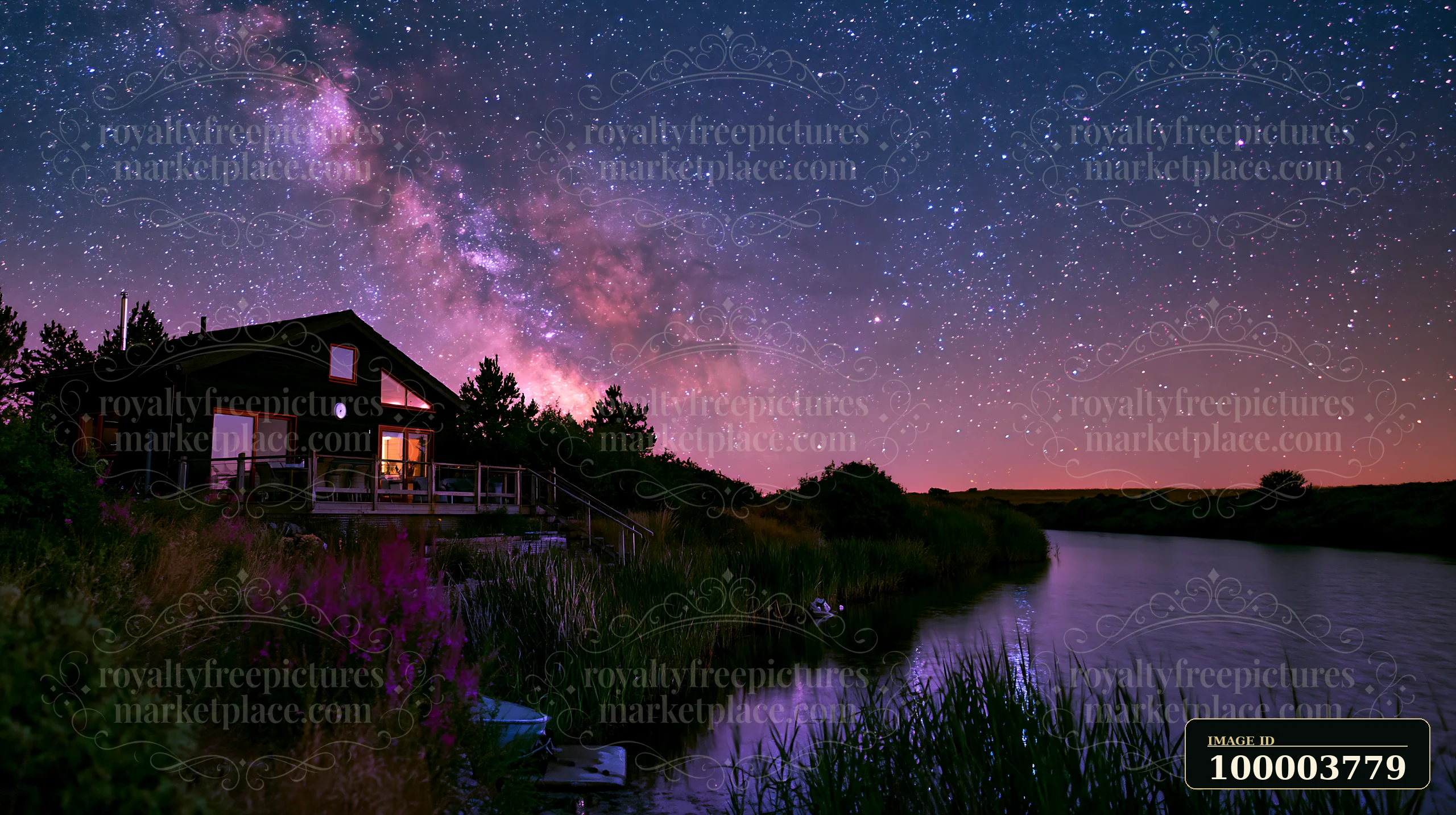 A modern house sits beside a river as the Milky Way shines brightly in the night sky.