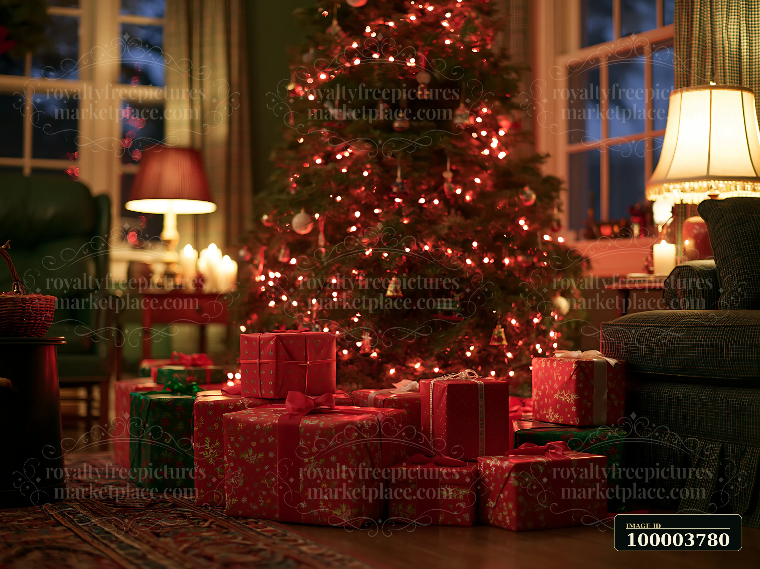 A cozy living room features a Christmas tree adorned with lights and decorations, surrounded by colorful presents.