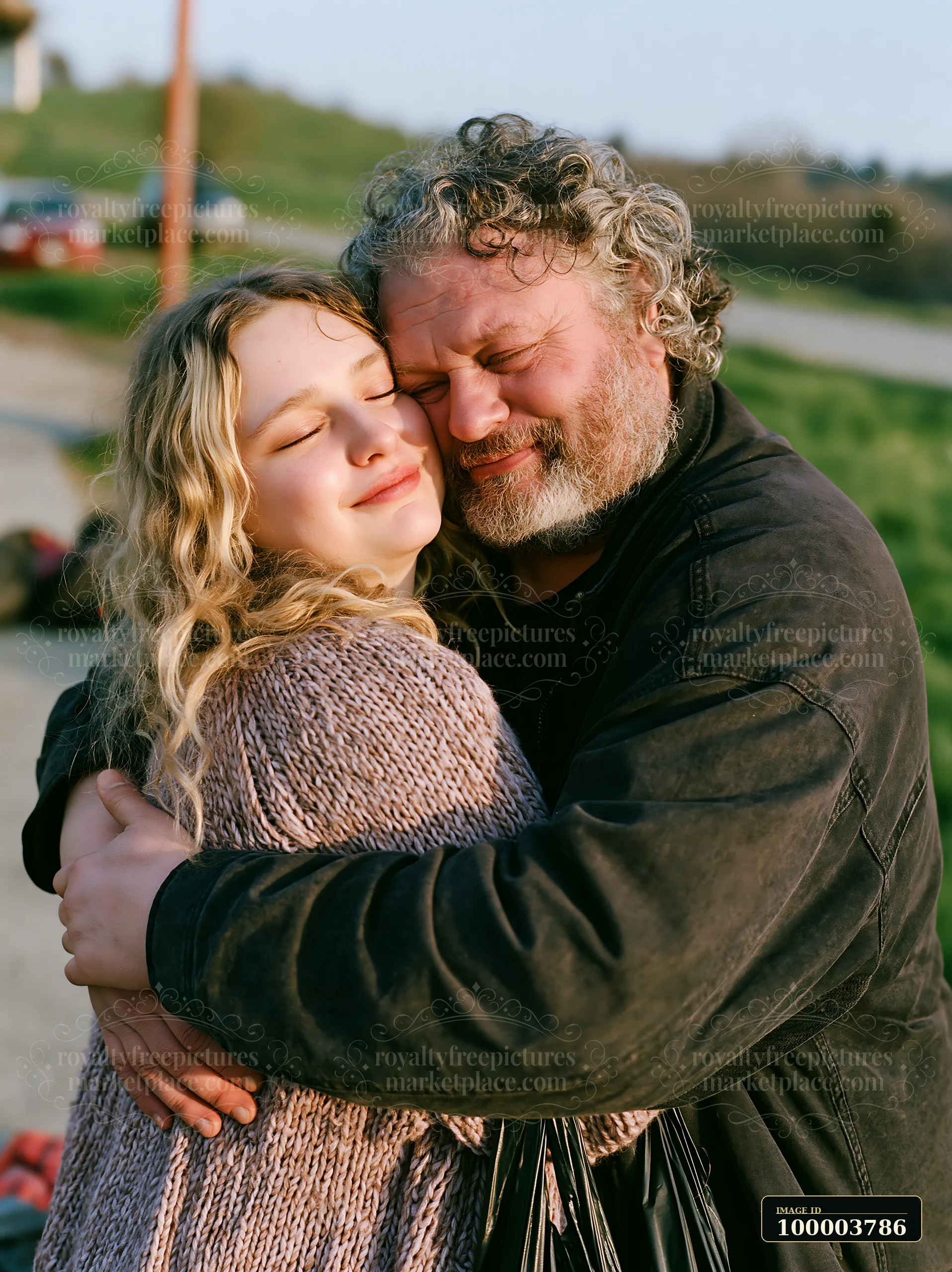 A couple embraces closely outdoors in a sunlit green landscape during spring.