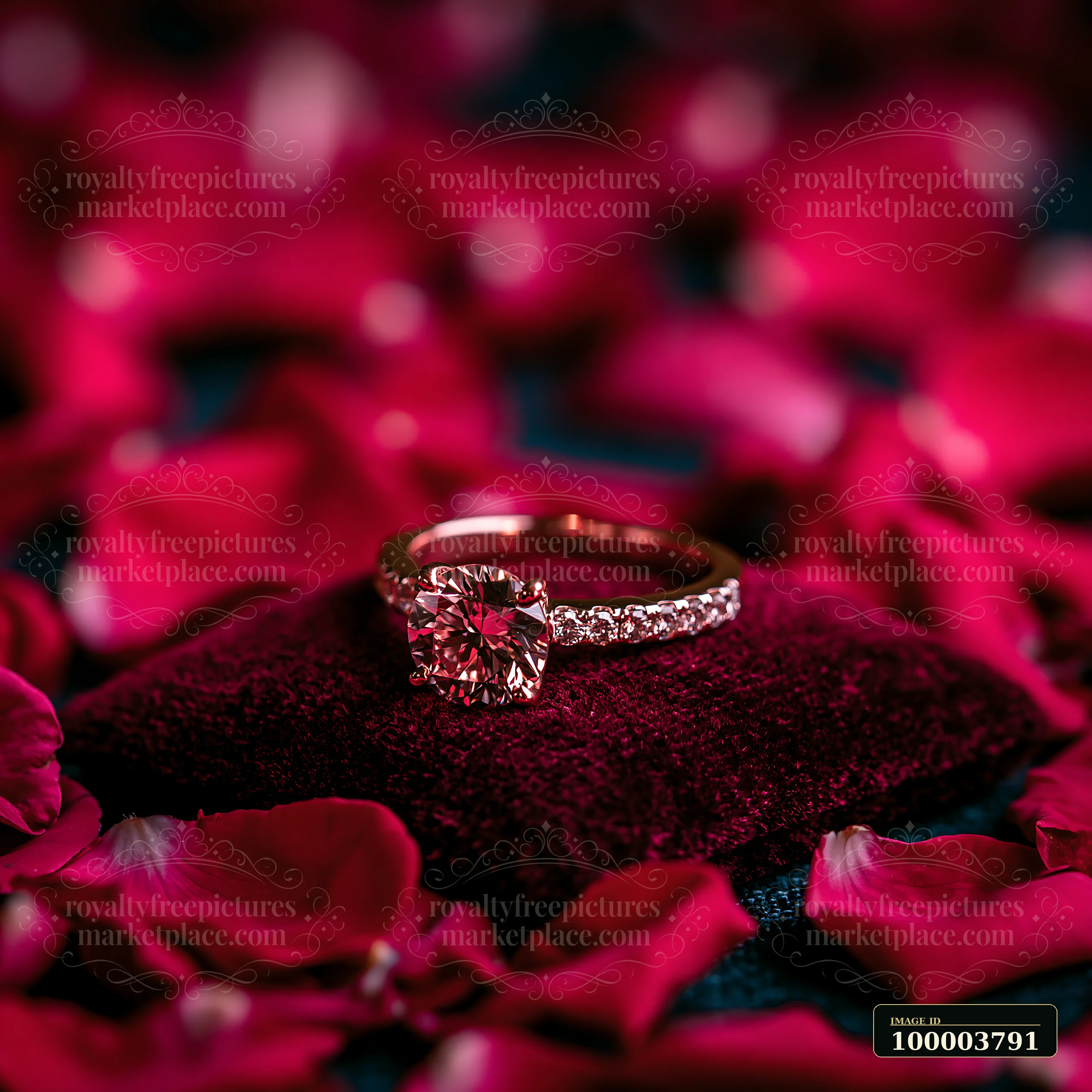 Engagement ring resting on dark fabric among scattered pink and red flower petals.