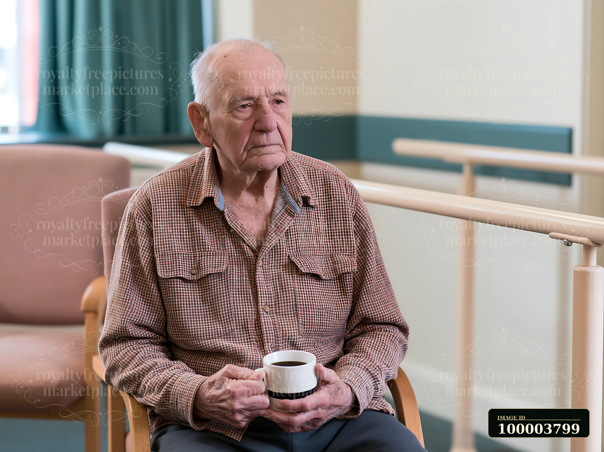 An elderly man sits in a care facility holding a cup.