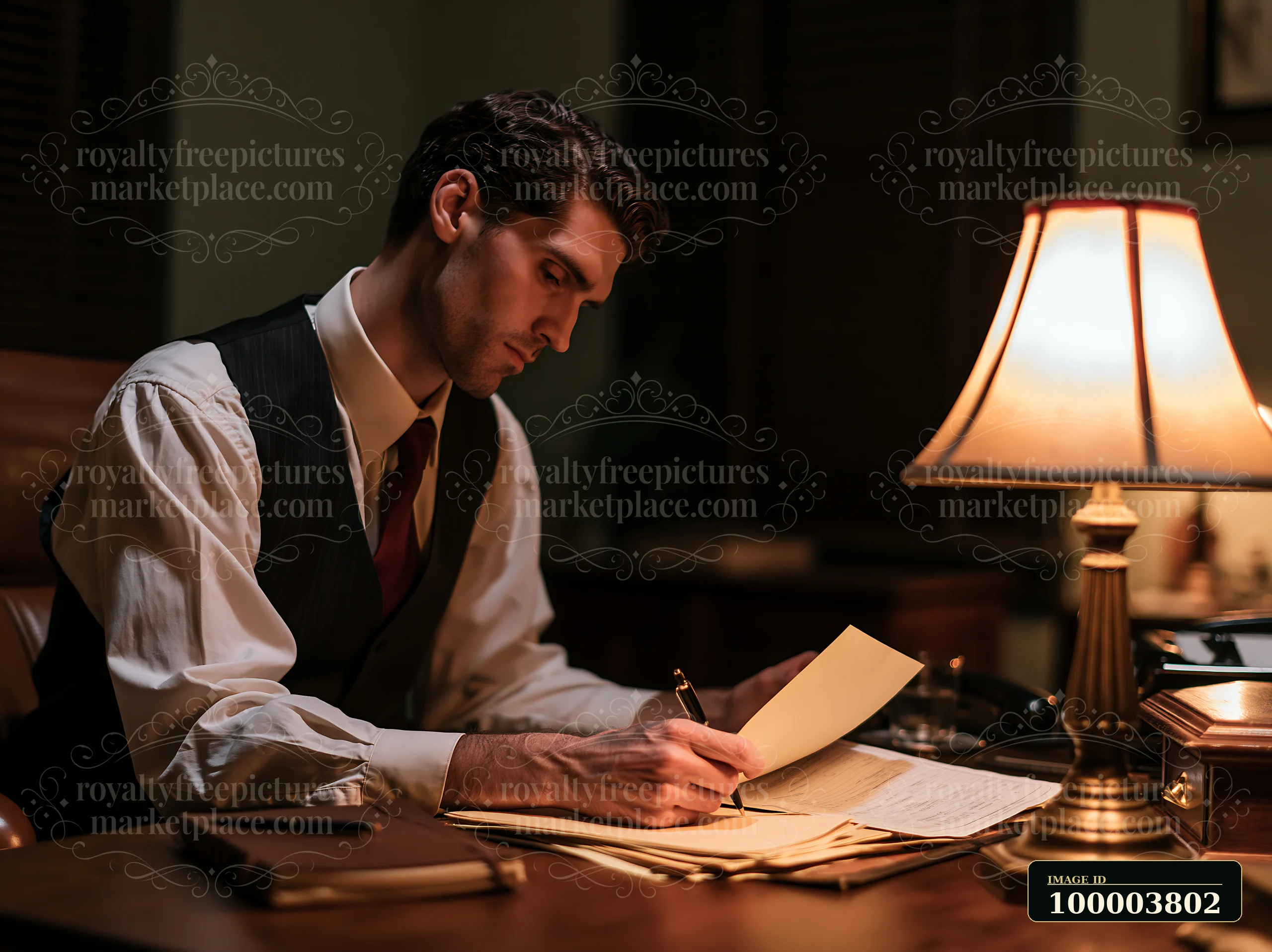 Investigator writes notes among case documents at a desk illuminated by a warm table lamp.