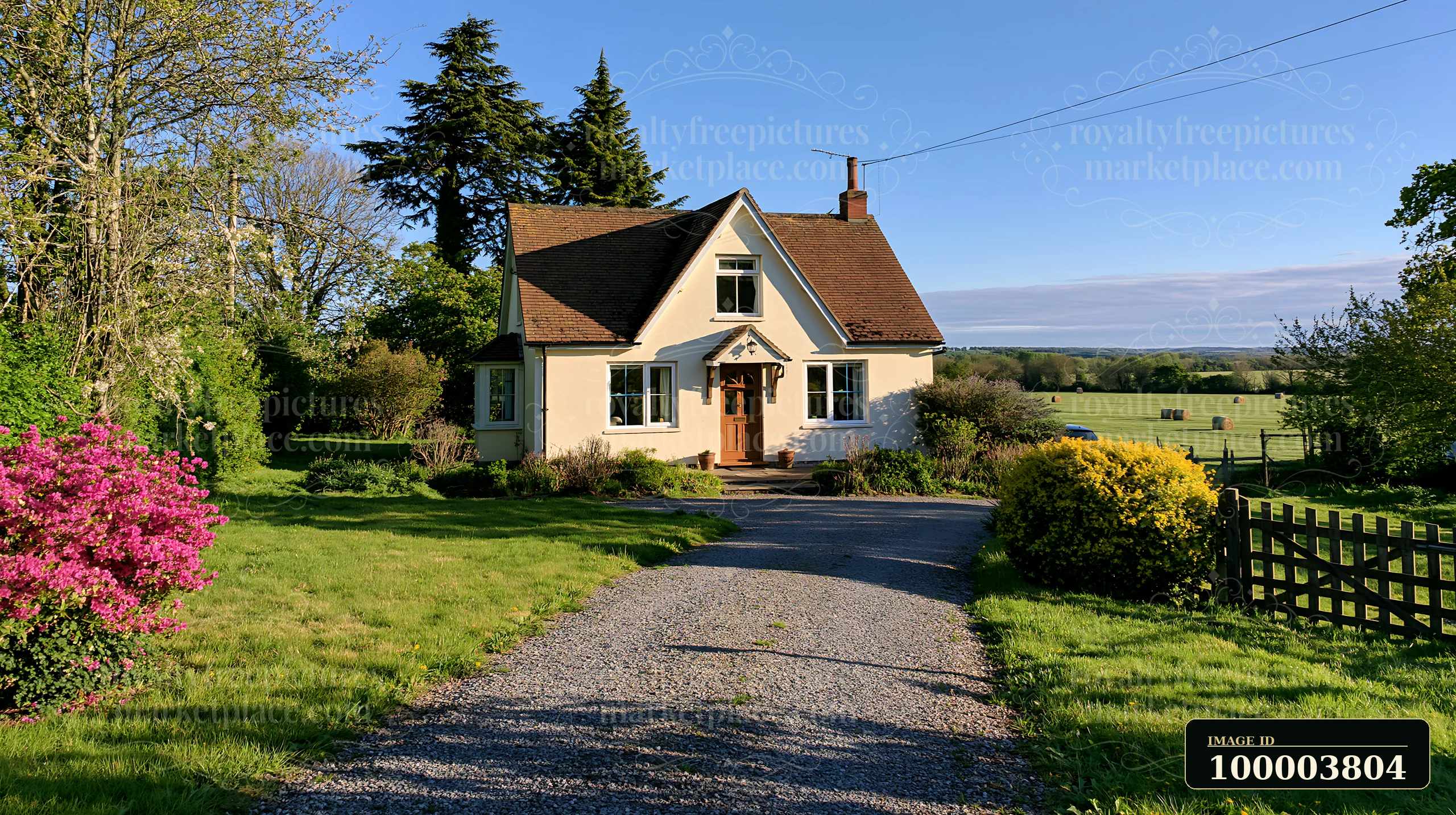 Cream country house beside a gravel driveway, with gardens, trees, fields, and a wooden fence in sunny rural countryside.