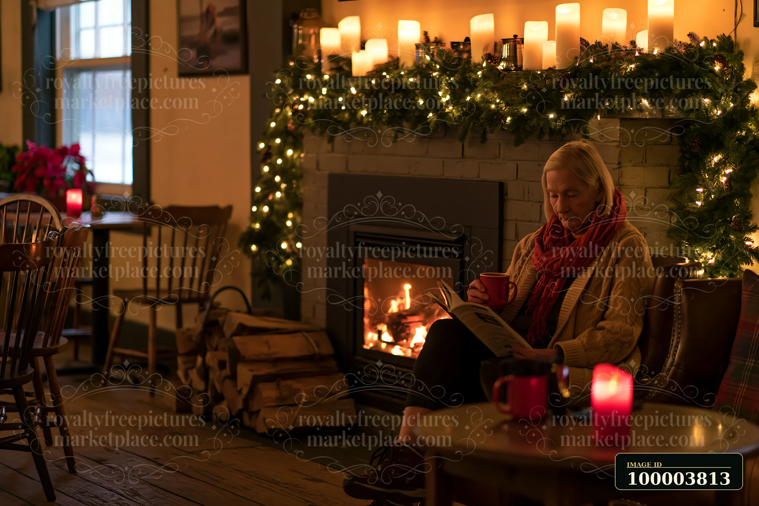 Woman reads beside a glowing fireplace in a warmly decorated, festive coffee shop interior without visible branding.