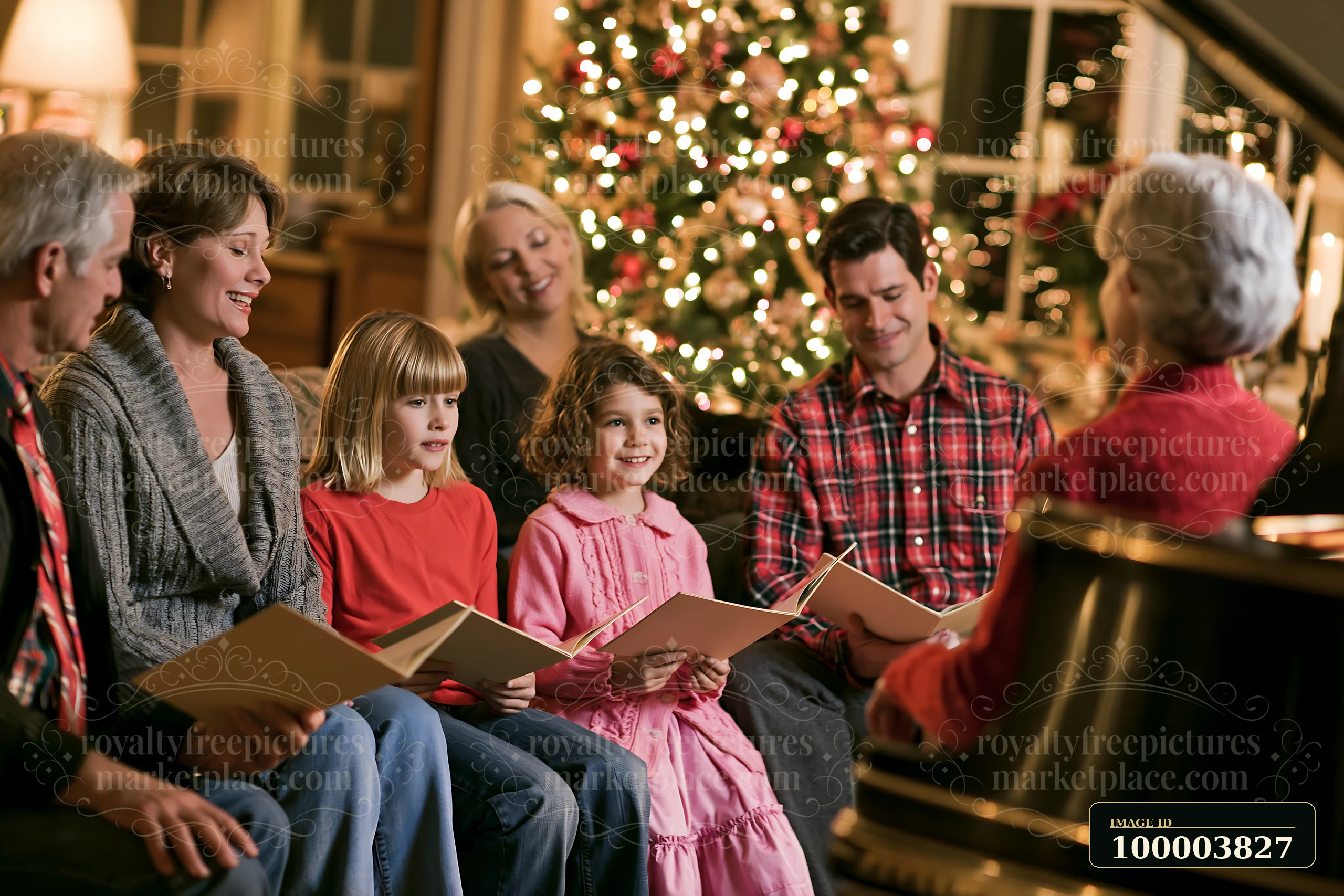 A family gathers indoors to sing Christmas carols by a piano.